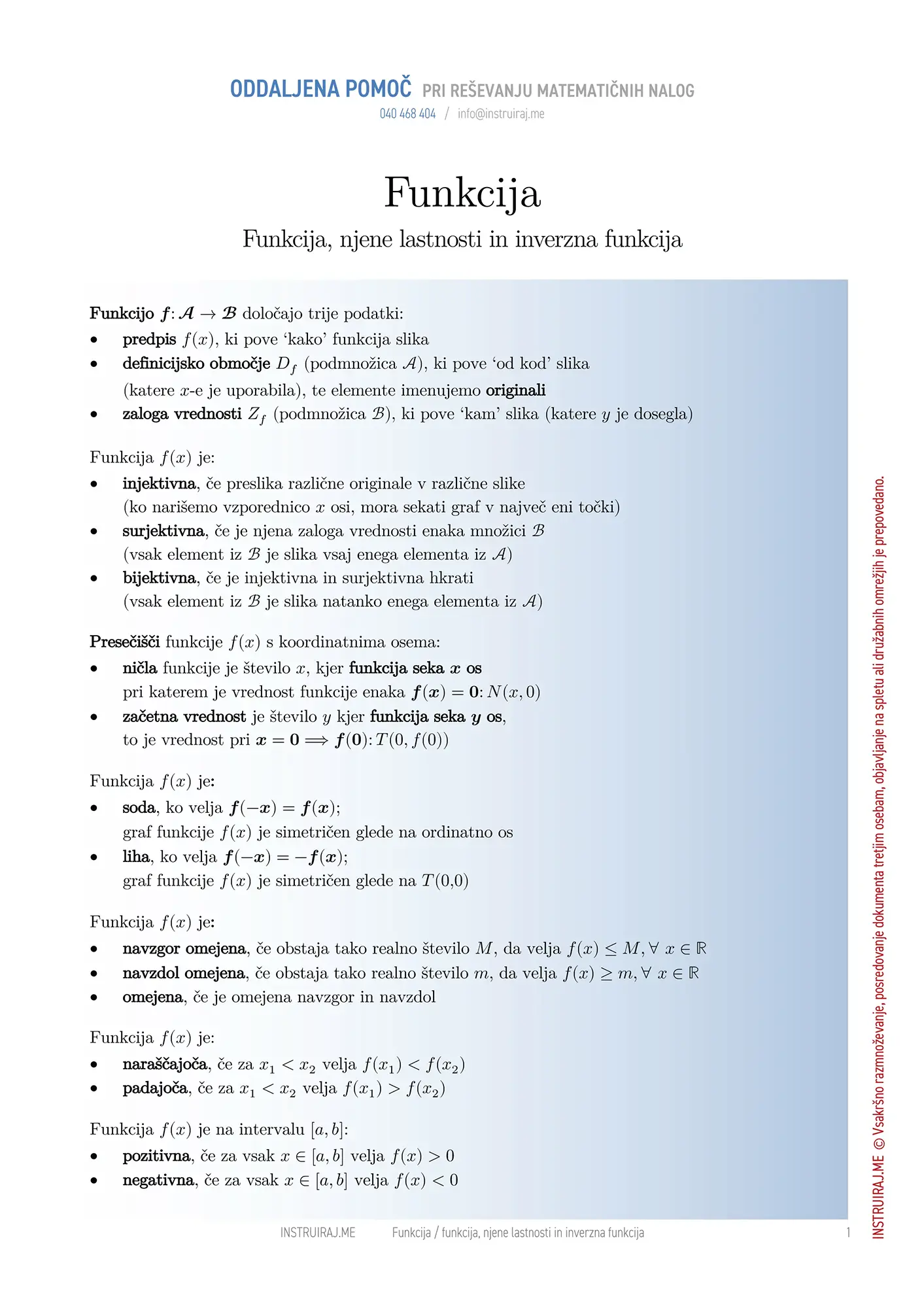 Funkcija: Funkcija, njene lastnosti in inverzna funkcija