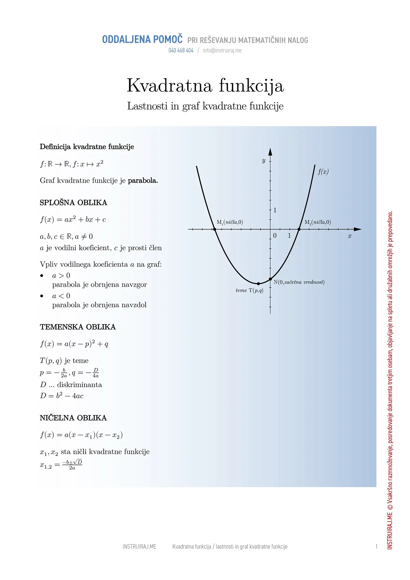 Kvadratna funkcija: Lastnosti in graf kvadratne funkcije