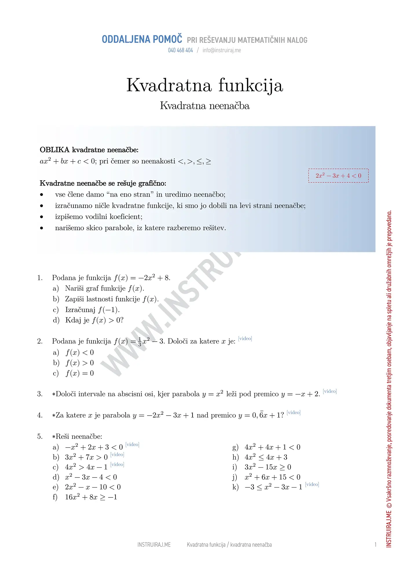 Kvadratna funkcija: Kvadratna neenačba