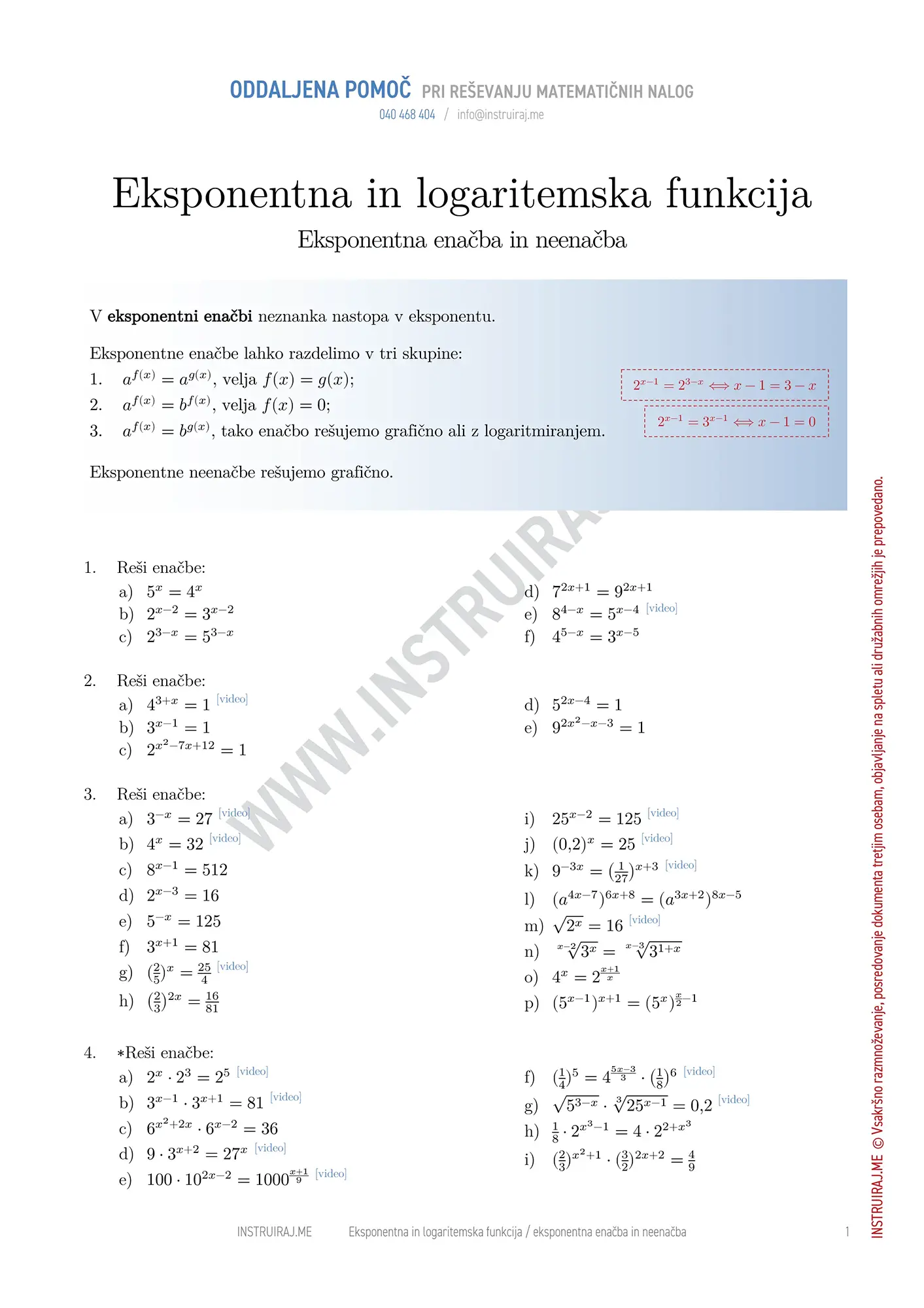 Eksponentna in logaritemska funkcija: Eksponentna enačba in neenačba