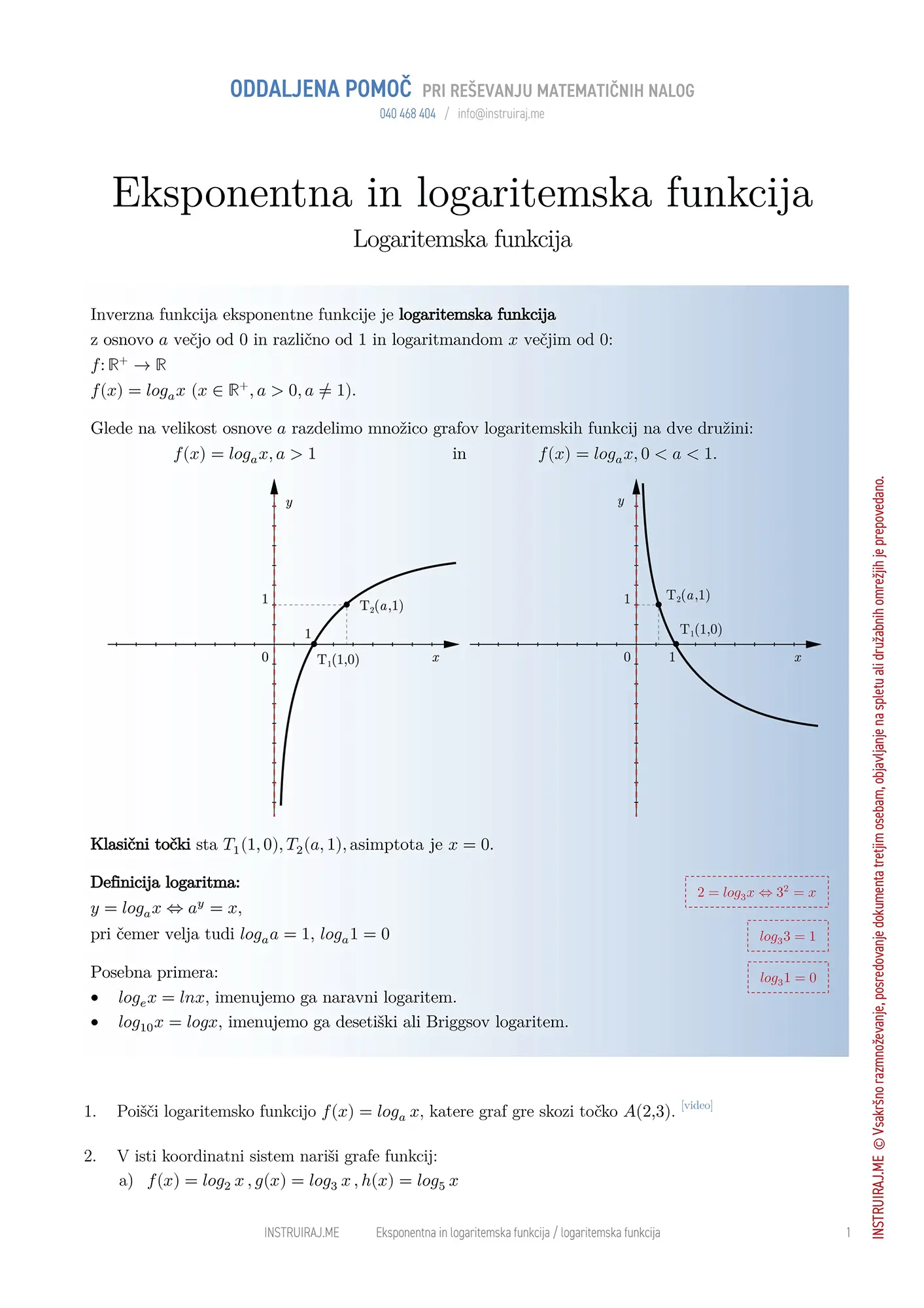 Eksponentna in logaritemska funkcija: Logaritemska funkcija