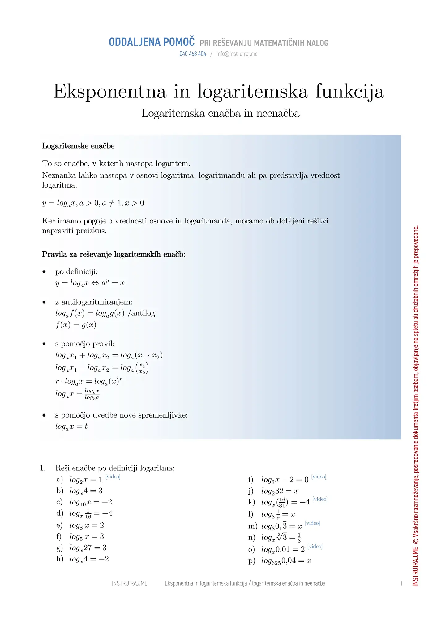 Eksponentna in logaritemska funkcija: Logaritemska enačba in neenačba