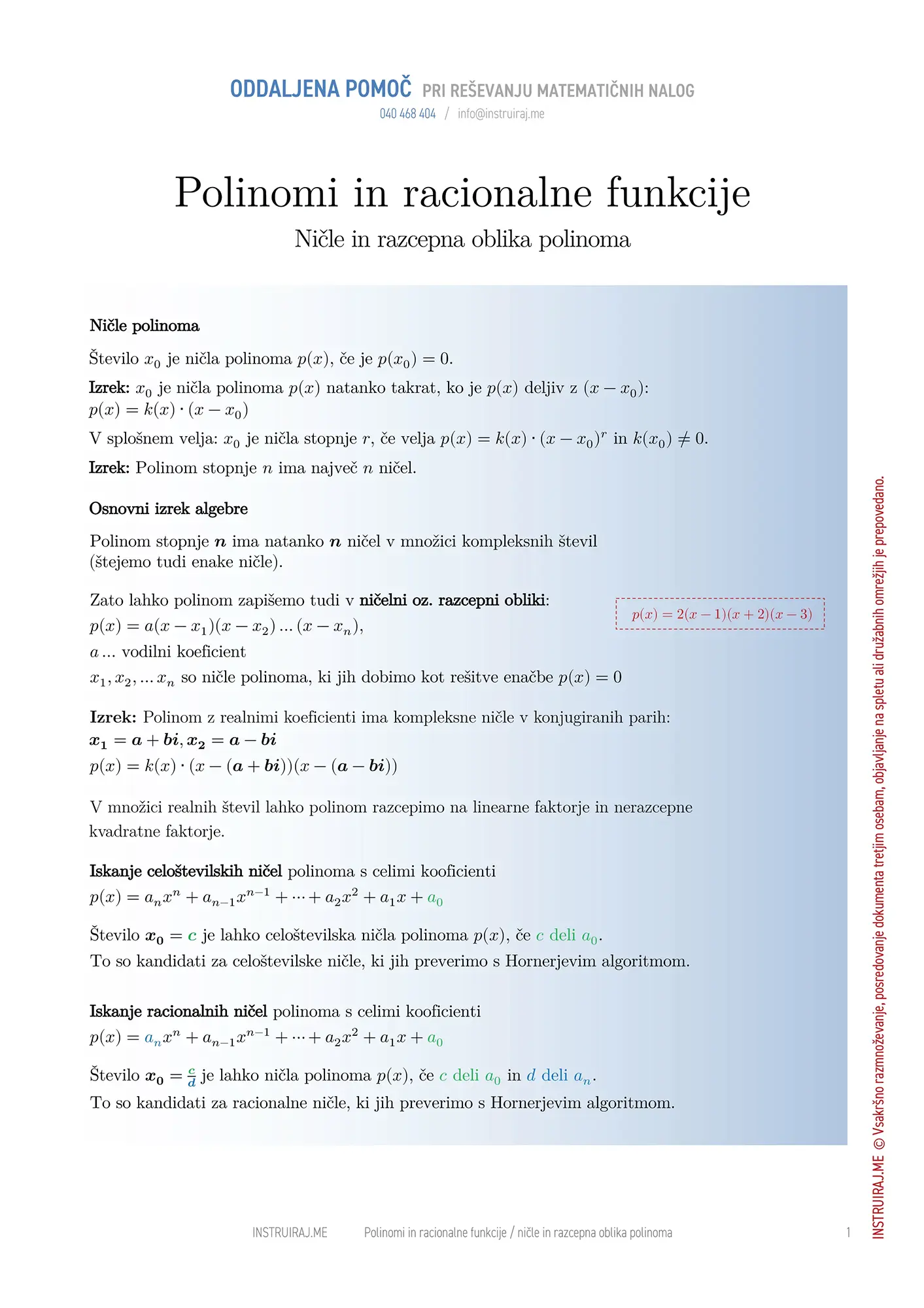 Polinomi in racionalne funkcije: Ničle polinoma in razcepna oblika polinoma
