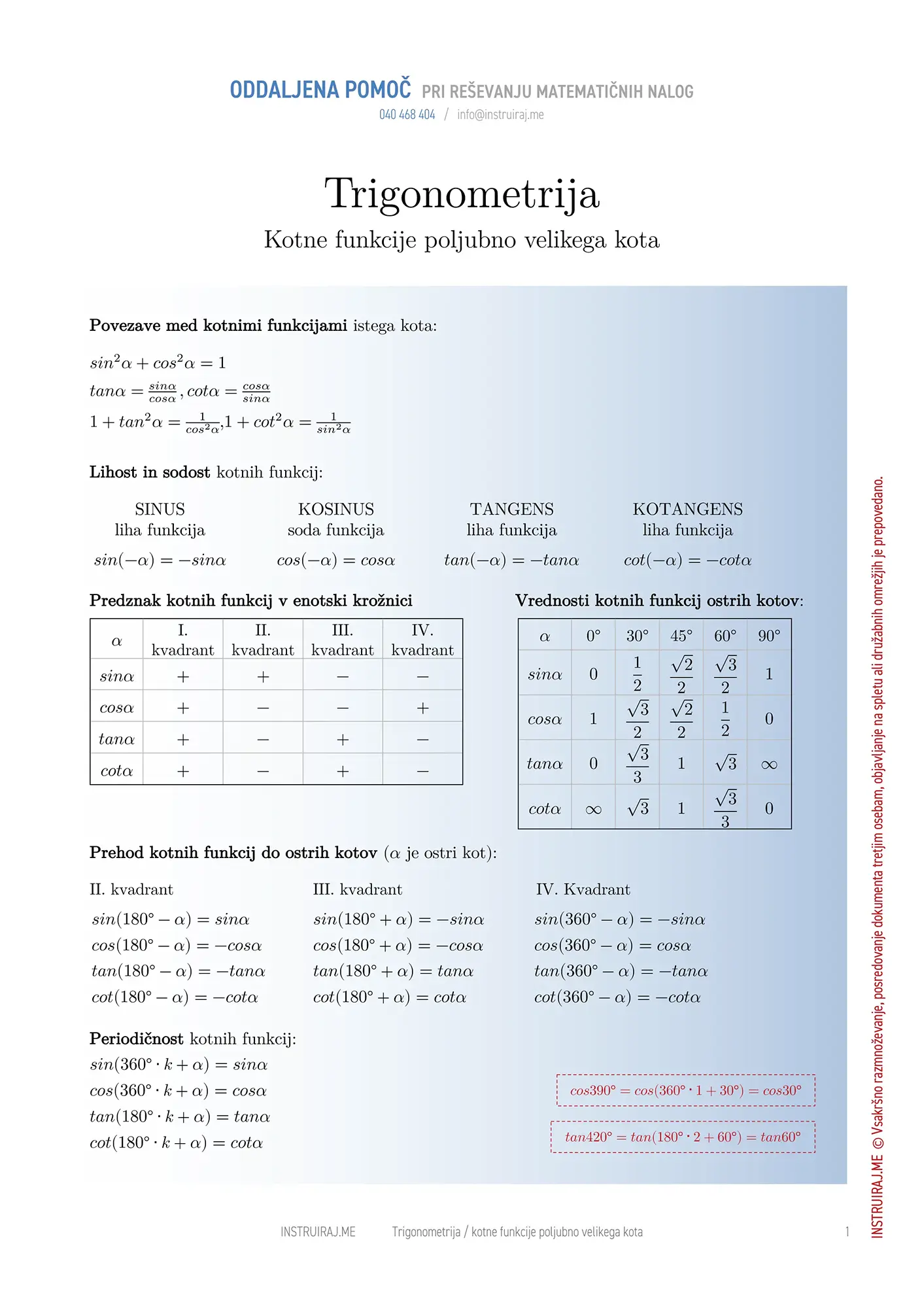 Trigonometrija: Kotne funkcije poljubno velikega kota