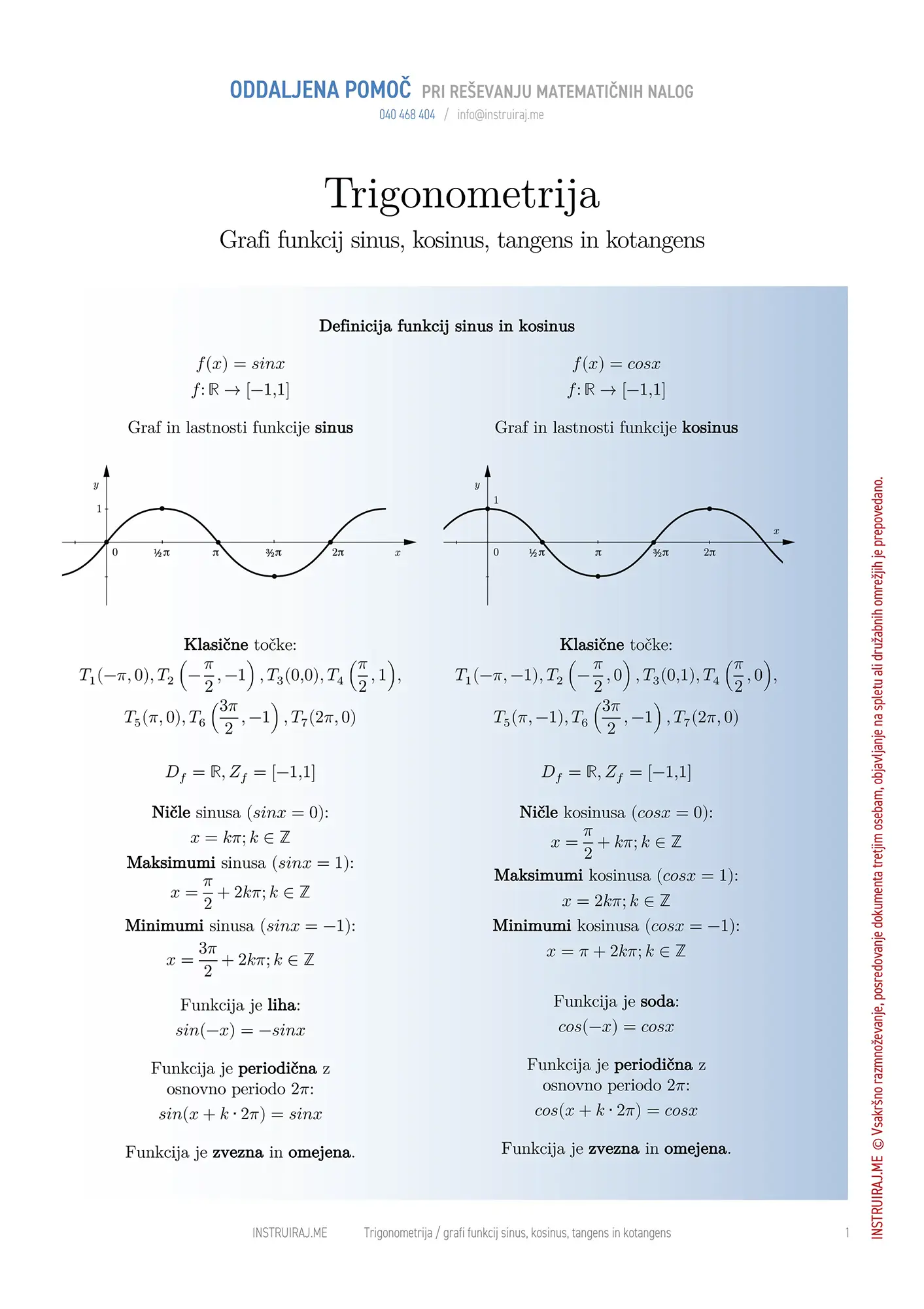 Trigonometrija: Grafi funkcij sinus, kosinus, tangens in kotangens