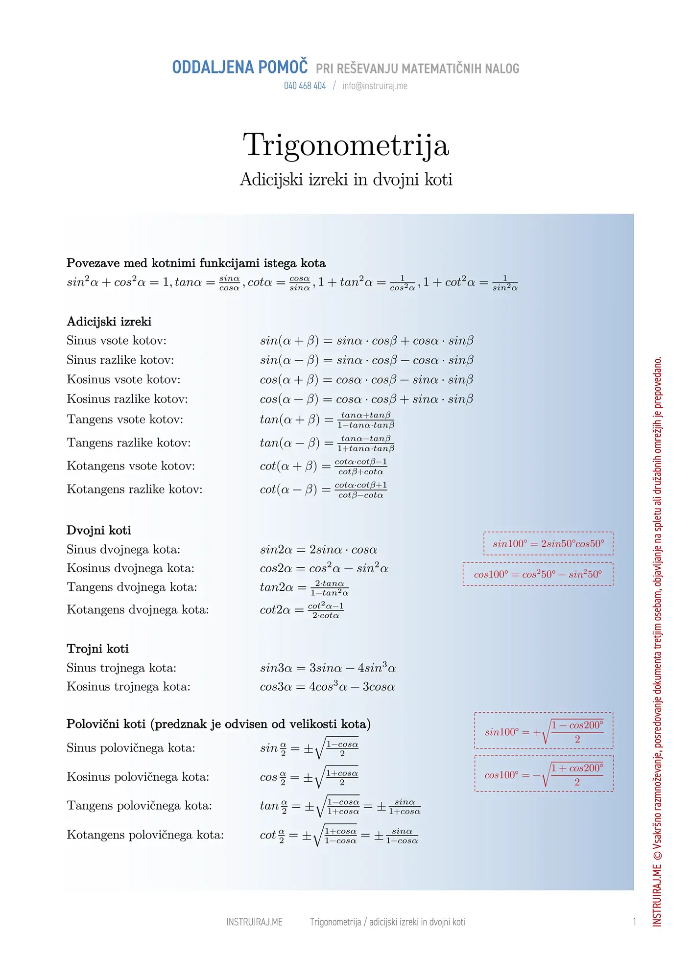 Trigonometrija: Adicijski izreki in dvojni koti