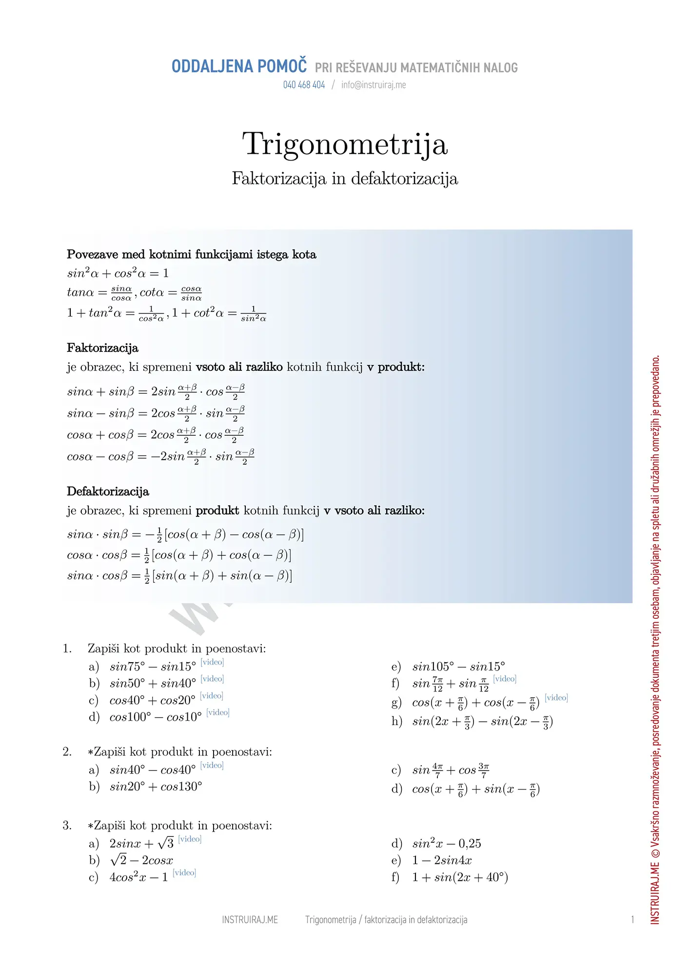 Trigonometrija: Faktorizacija in defaktorizacija