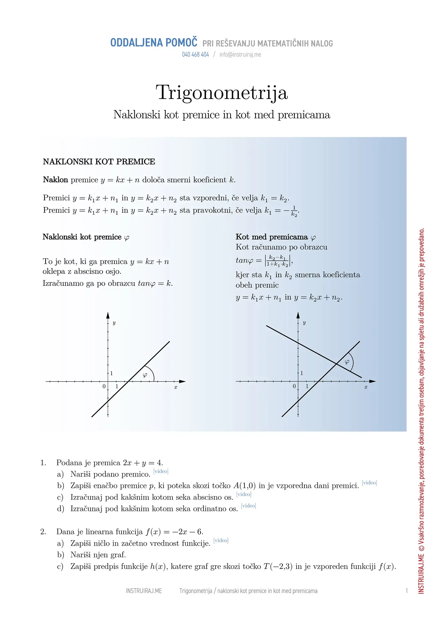 Trigonometrija: Naklonski kot premice in kot med dvema premicama