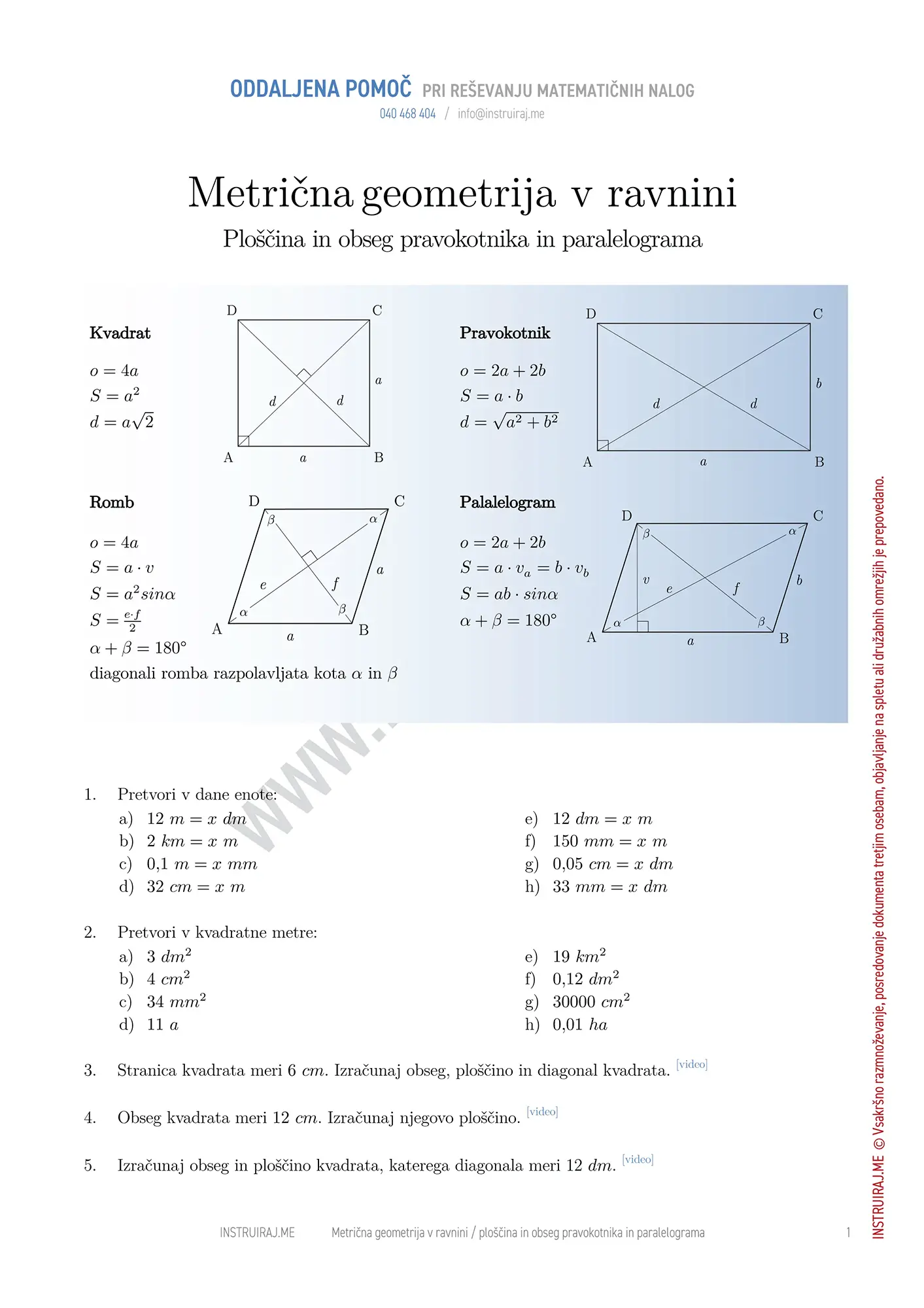 Metrična geometrija v ravnini: Ploščina in obseg pravokotnika ter paralelograma
