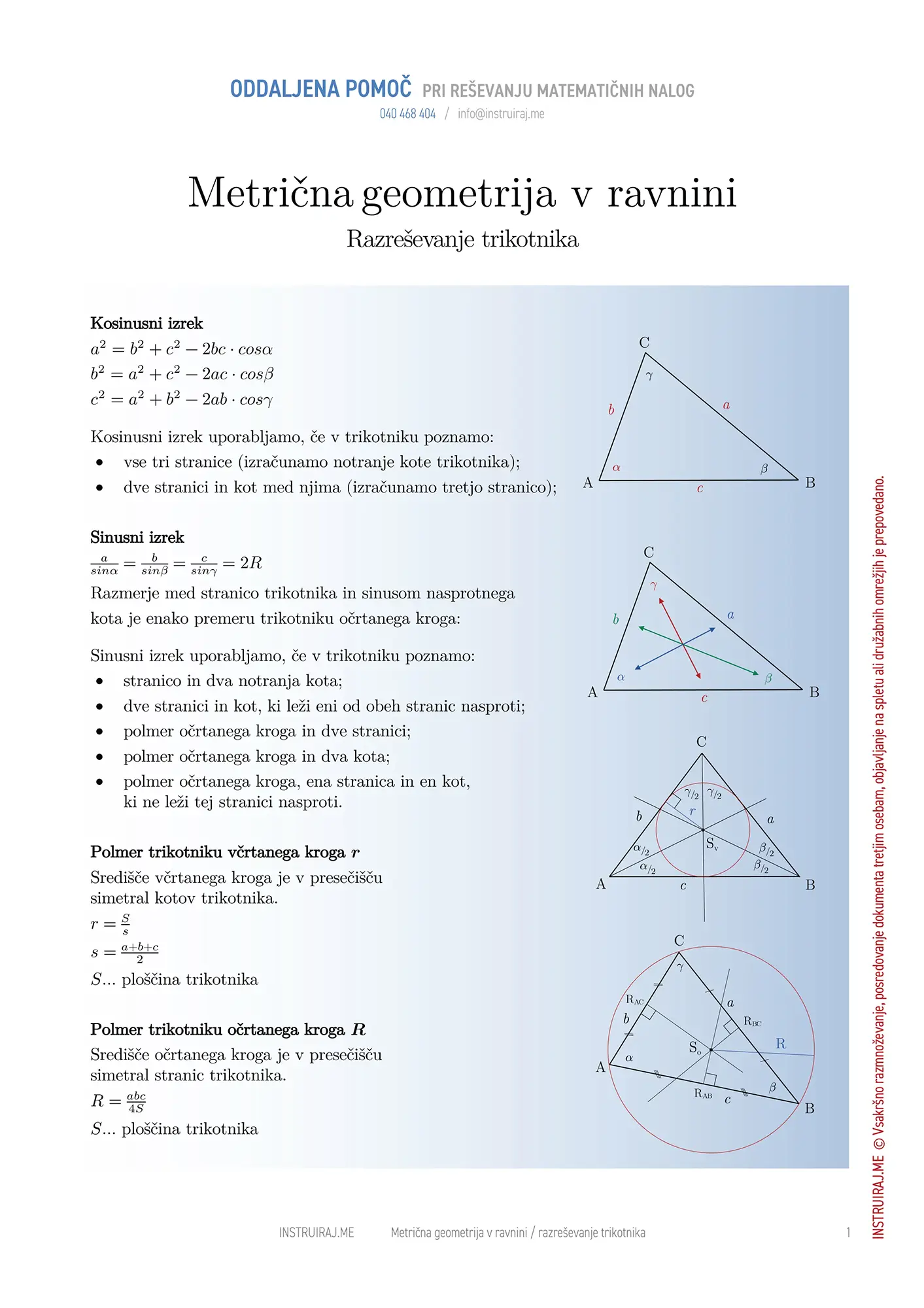 Metrična geometrija v ravnini: Razreševanje trikotnika
