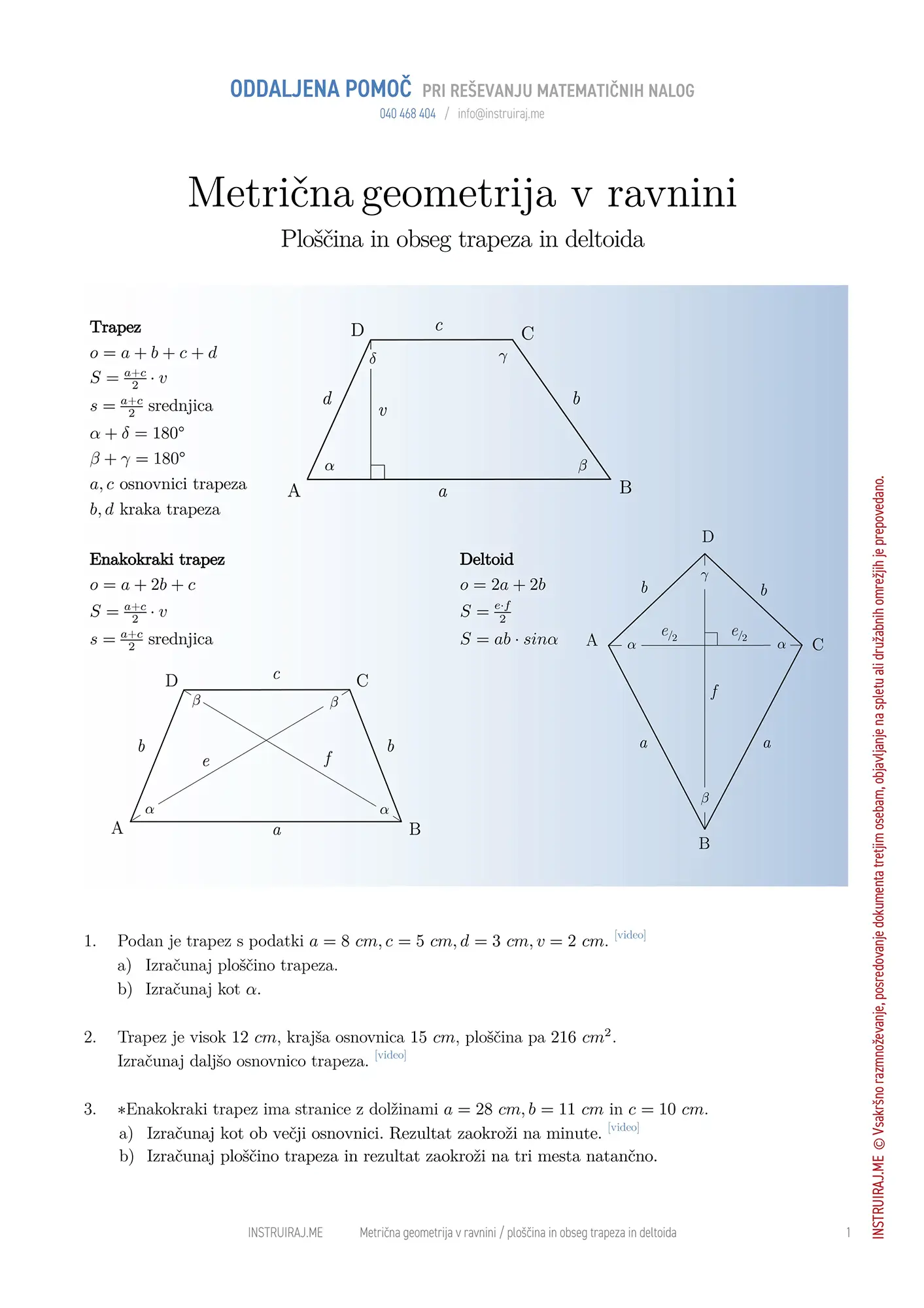 Metrična geometrija v ravnini: Ploščina in obseg trapeza in deltoida