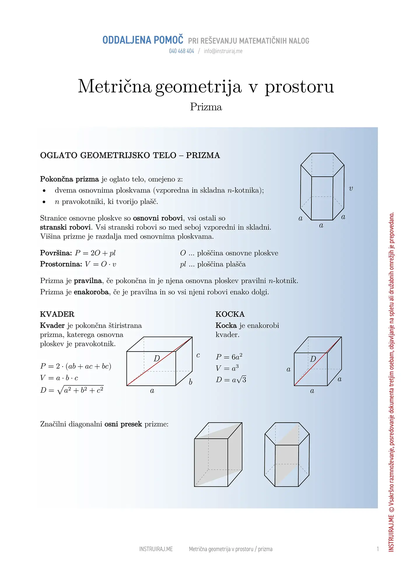 Metrična geometrija v prostoru: Prizma