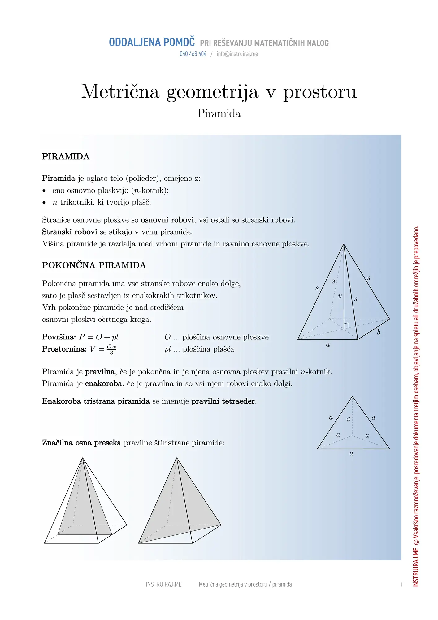 Metrična geometrija v prostoru: Piramida