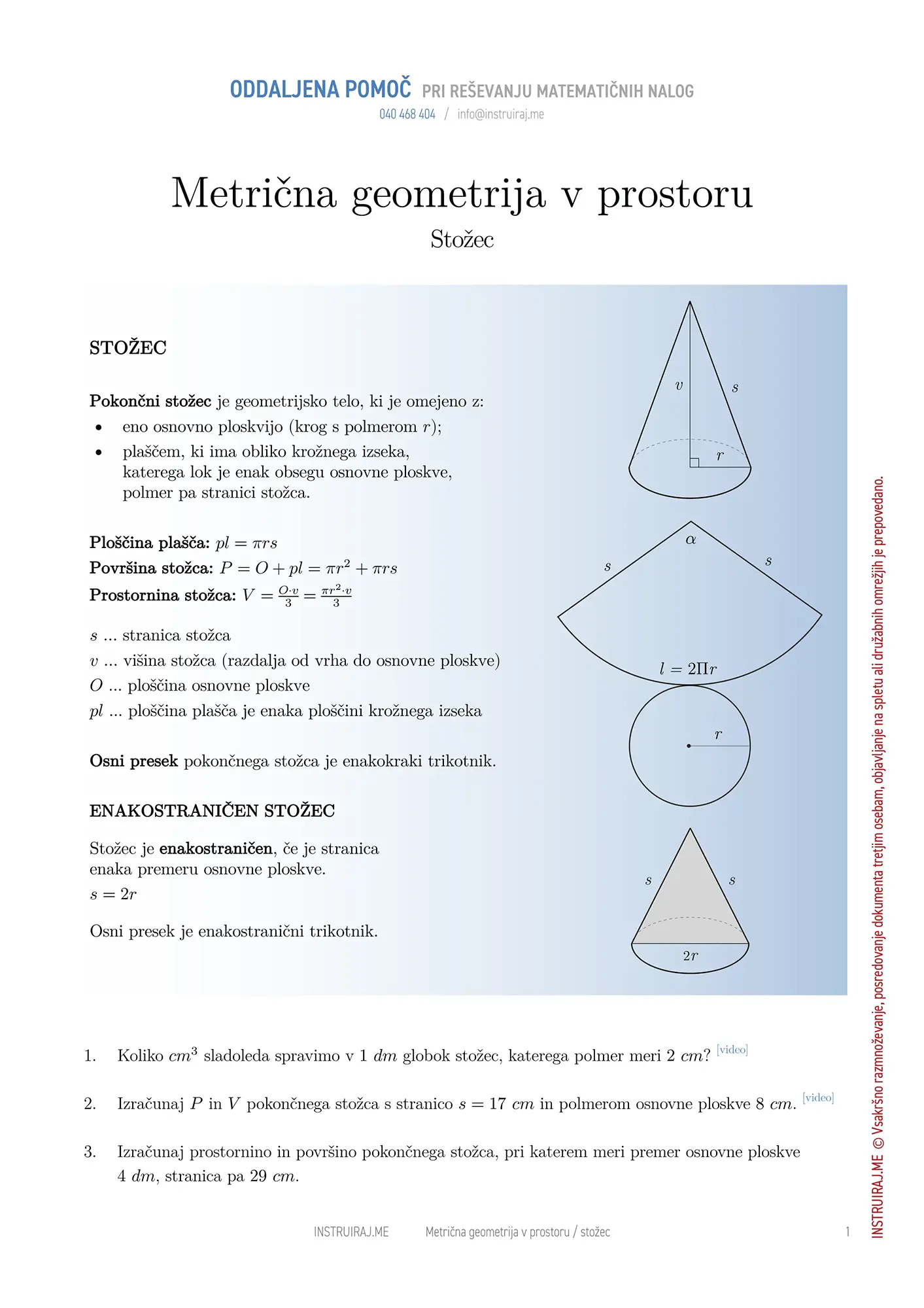 Metrična geometrija v prostoru: Stožec