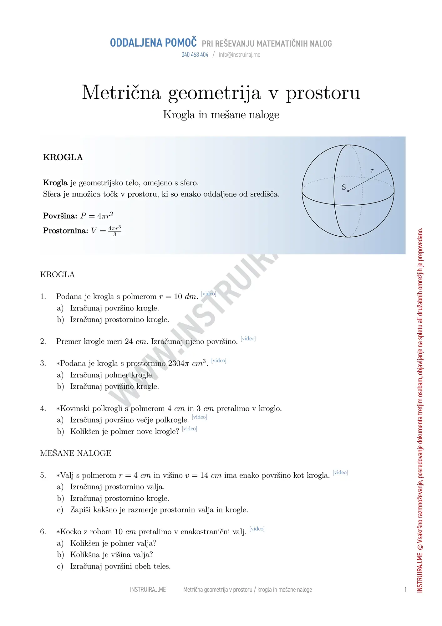 Metrična geometrija v prostoru: Krogla in mešane naloge