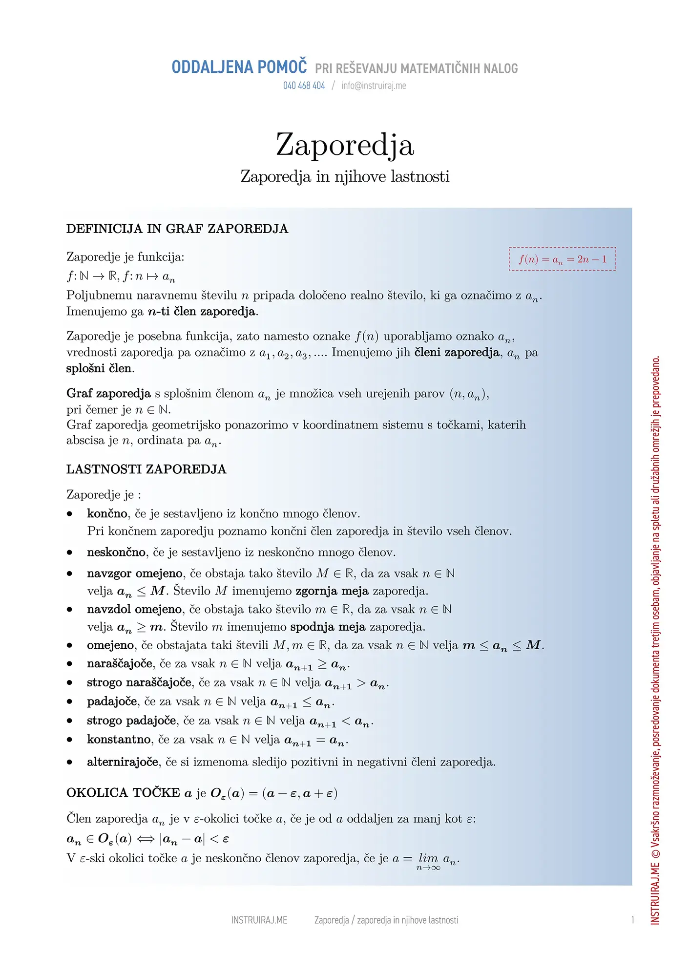 Zaporedja: Zaporedja in njihove lastnosti