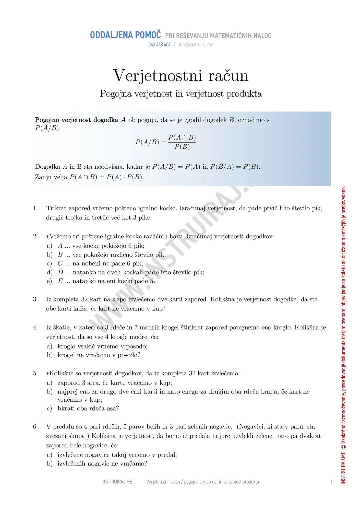 Verjetnostni račun: Pogojna verjetnost in verjetnost produkta