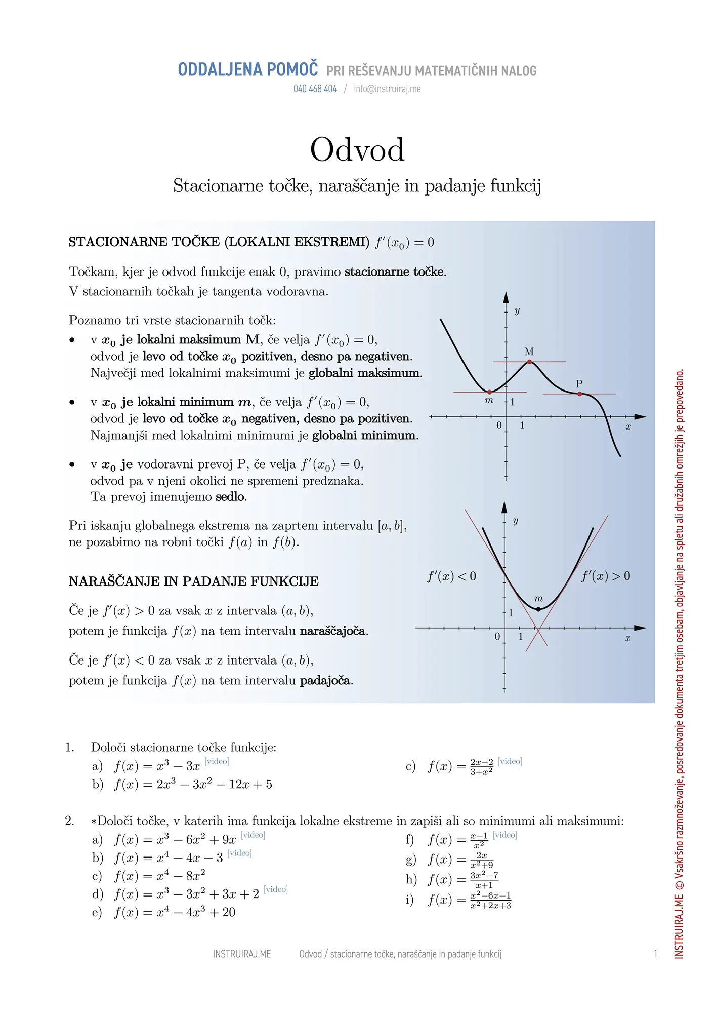 Odvod: Stacionarne točke, naraščanje in padanje funkcij