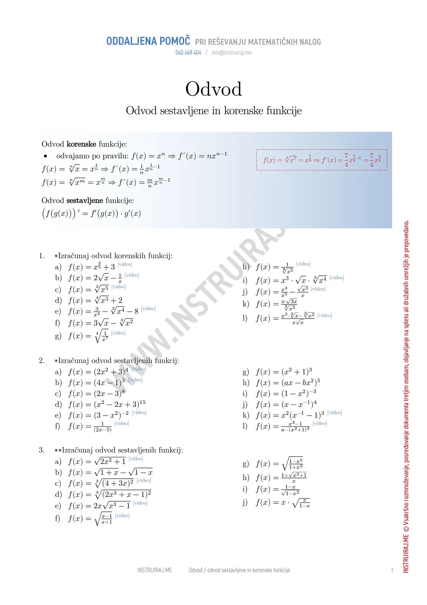 Odvod: Odvod sestavljene in korenske funkcije