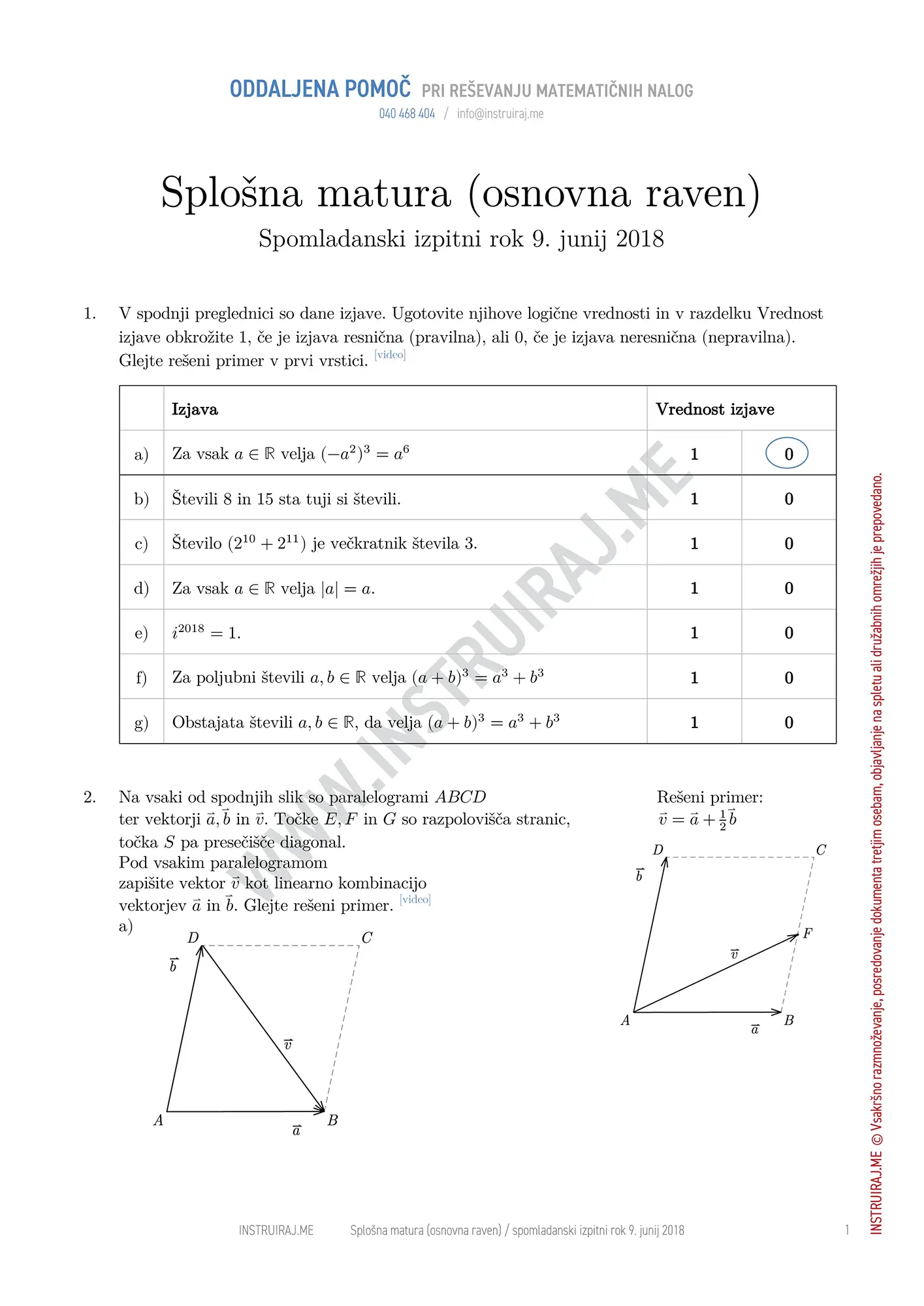 Splošna matura (osnovna raven): Splošna matura OR, spomladanski izpitni rok 9. junij 2018