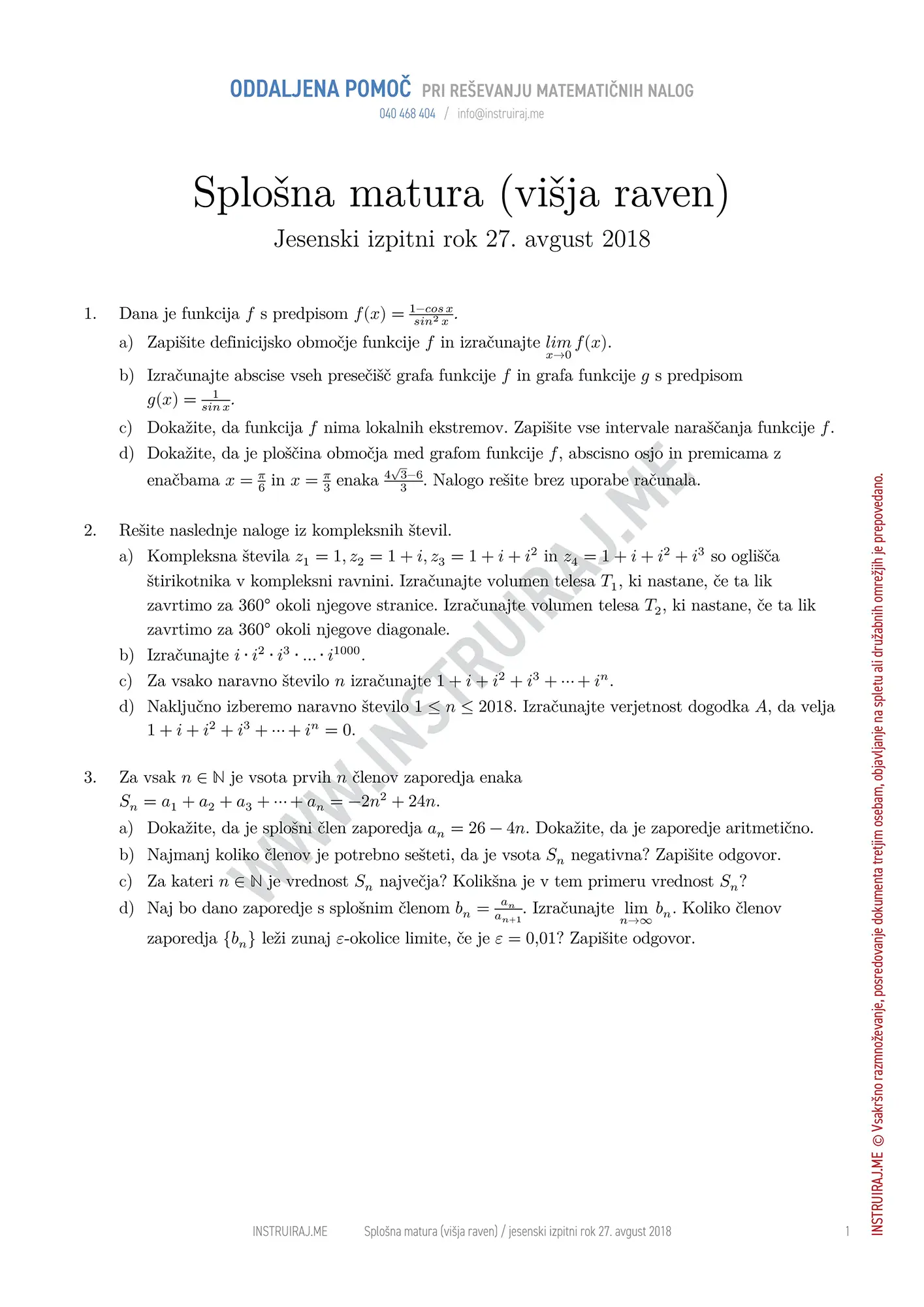 Splošna matura (višja raven): Splošna matura VR, jesenski izpitni rok 27. avgust 2018