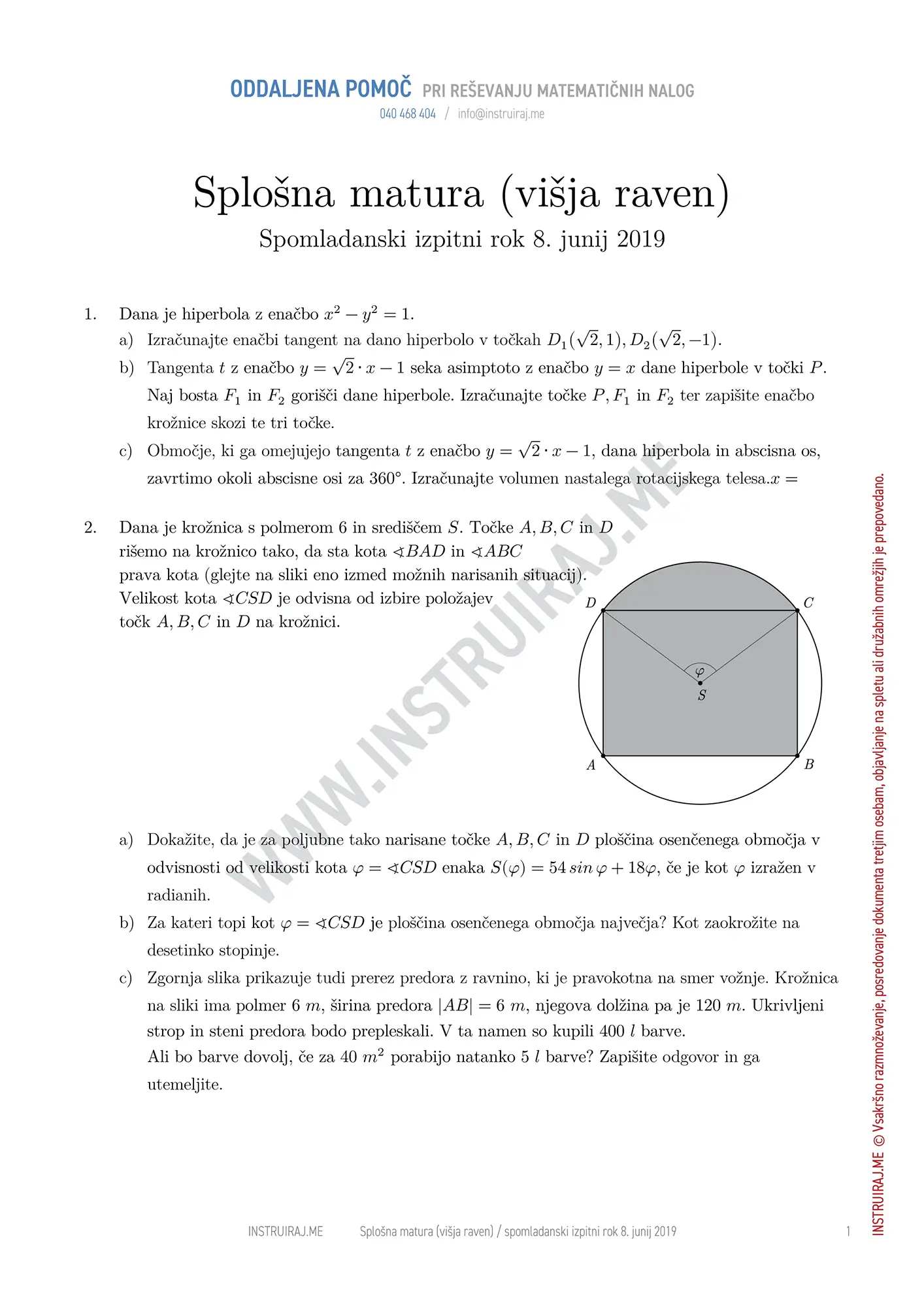 Splošna matura (višja raven): Splošna matura VR, spomladanski izpitni rok 8. junij 2019