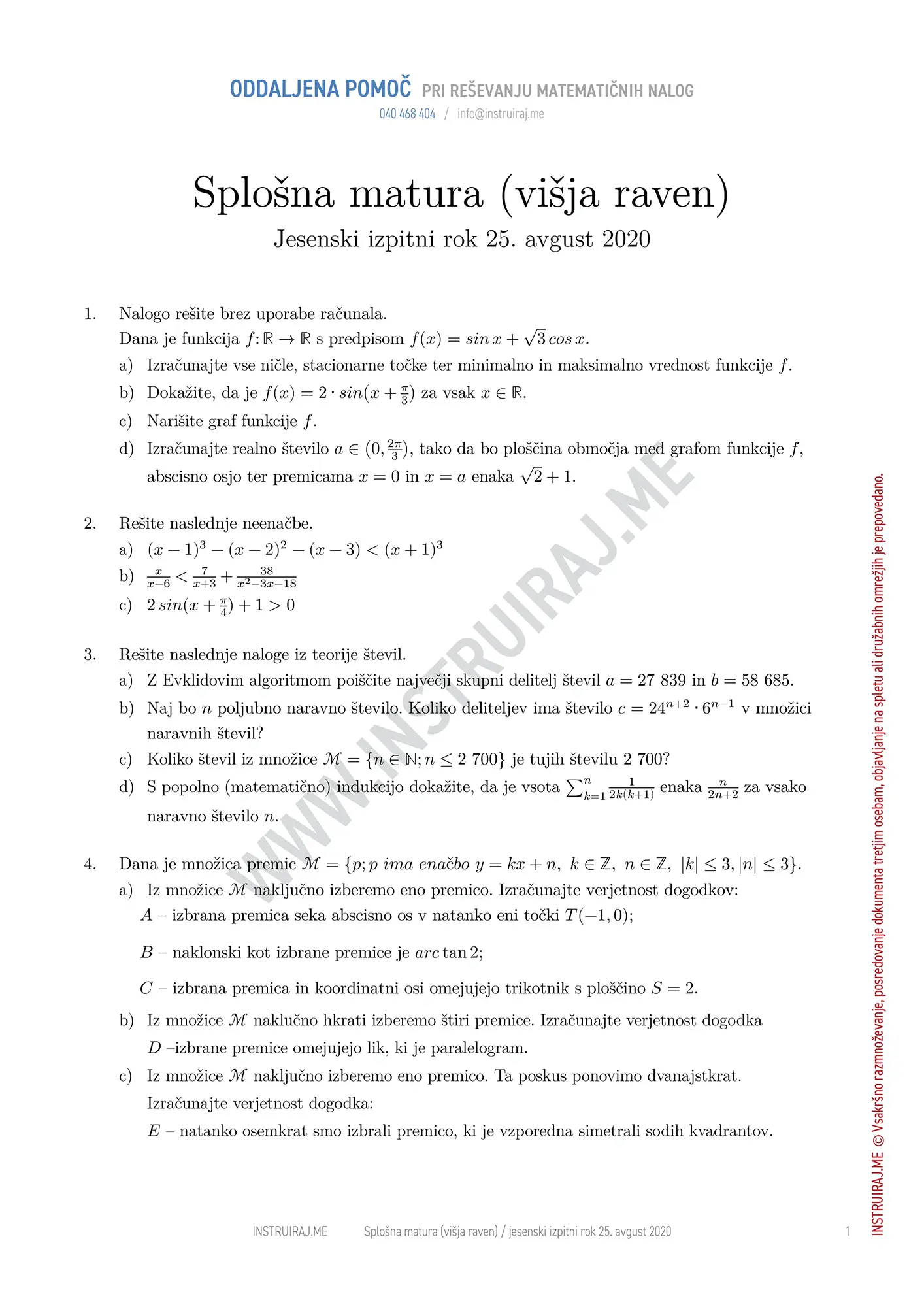 Splošna matura (višja raven): Splošna matura VR, jesenski izpitni rok 25. avgust 2020