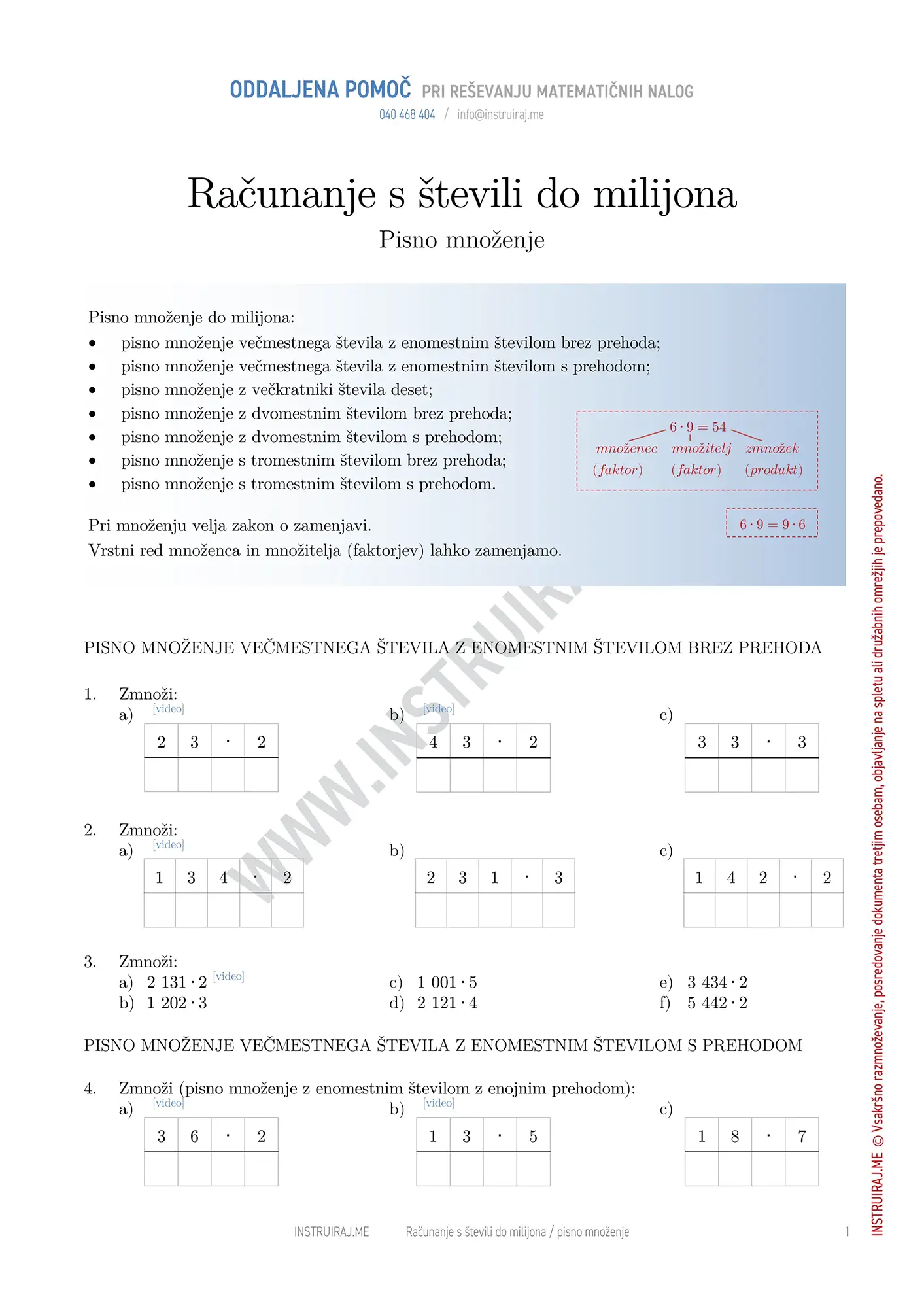Računanje s števili do milijona: Pisno množenje