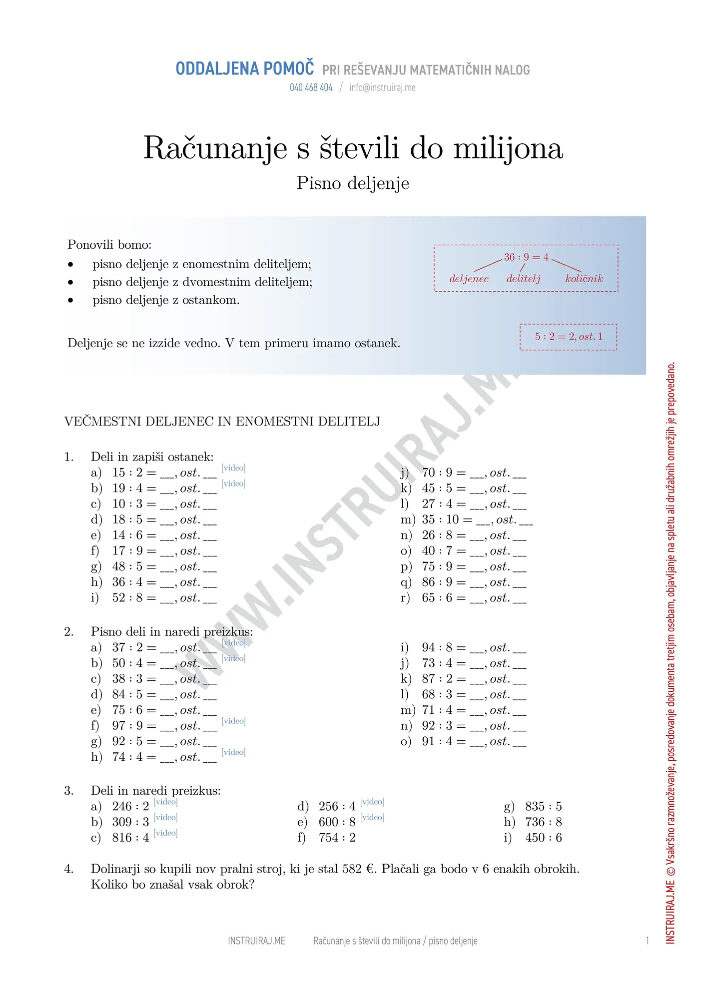 Računanje s števili do milijona: Pisno deljenje