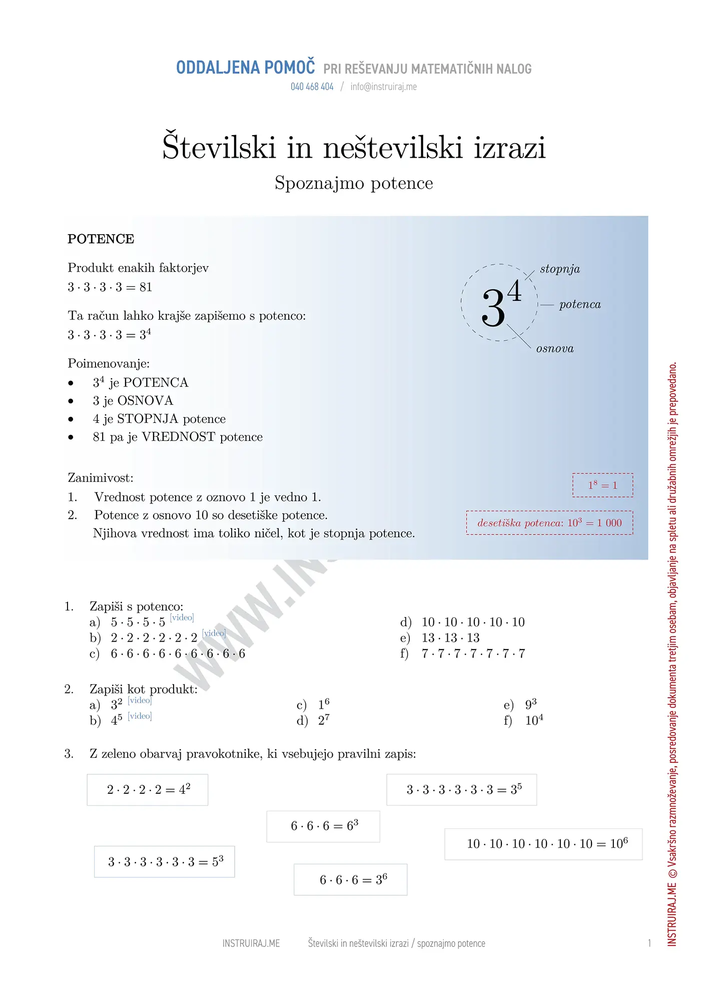 Številski in neštevilski izrazi: Spoznajmo potence