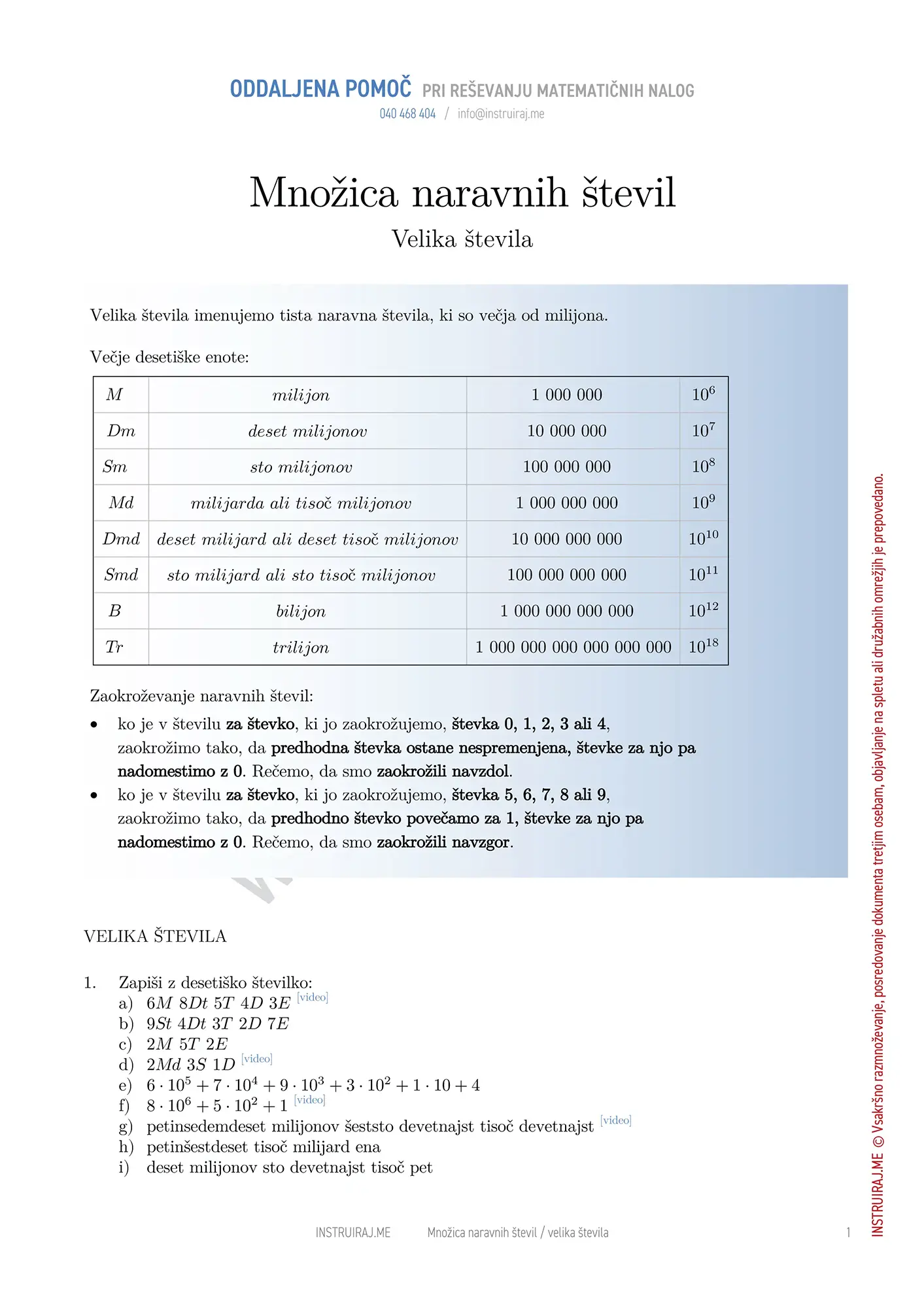 Množica naravnih števil: Velika števila