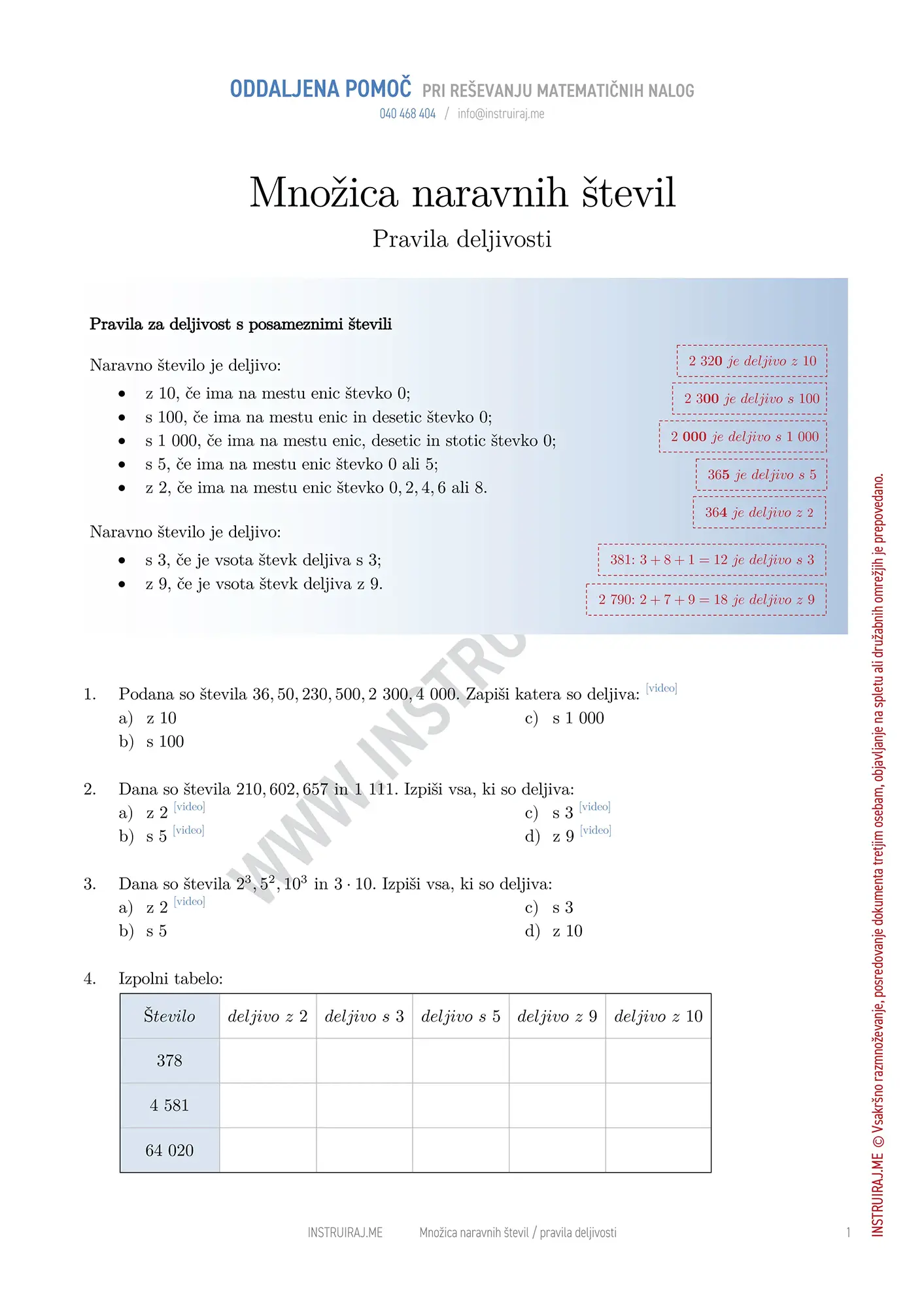 Množica naravnih števil: Pravila deljivosti