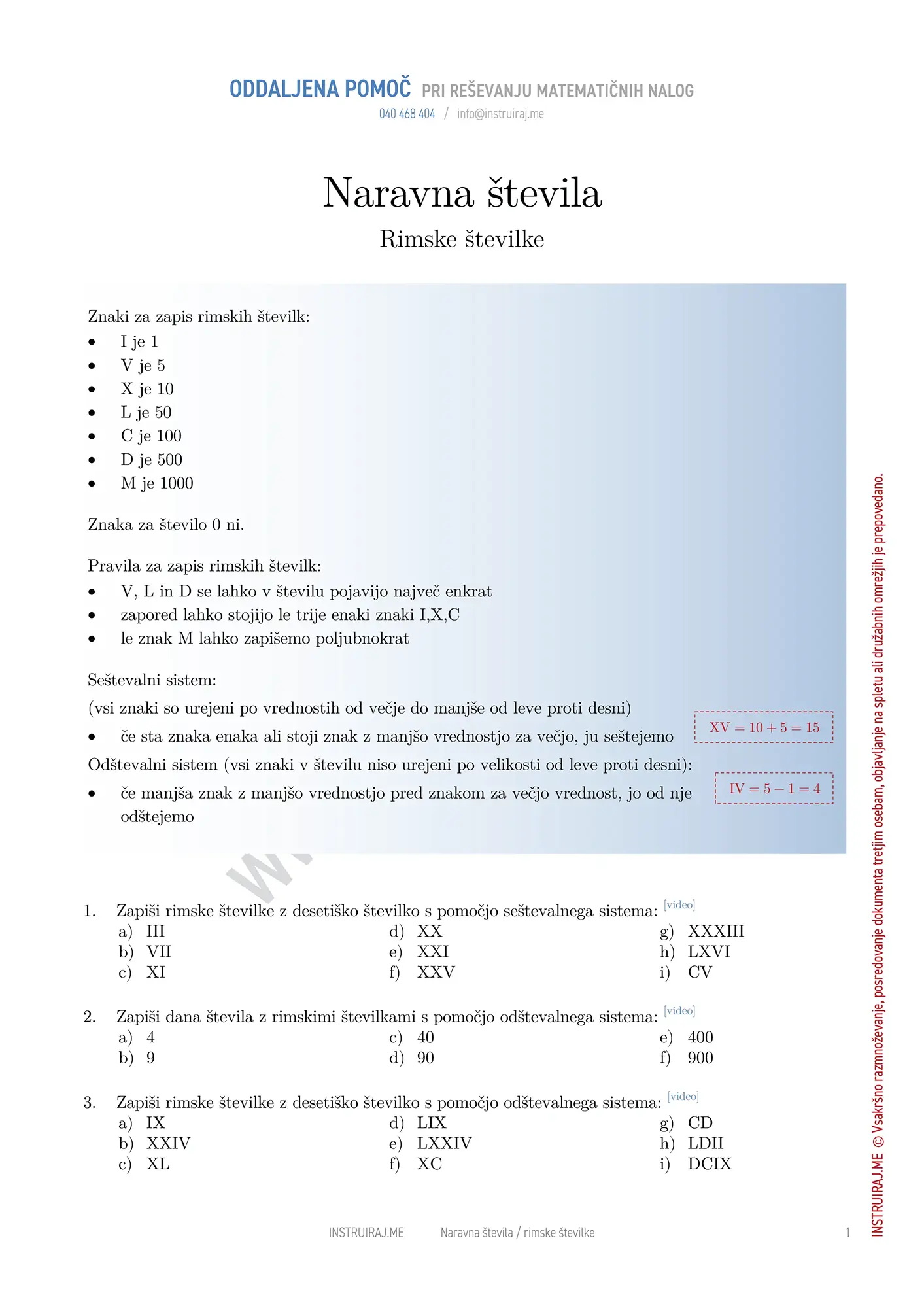 Množica naravnih števil: Rimske številke