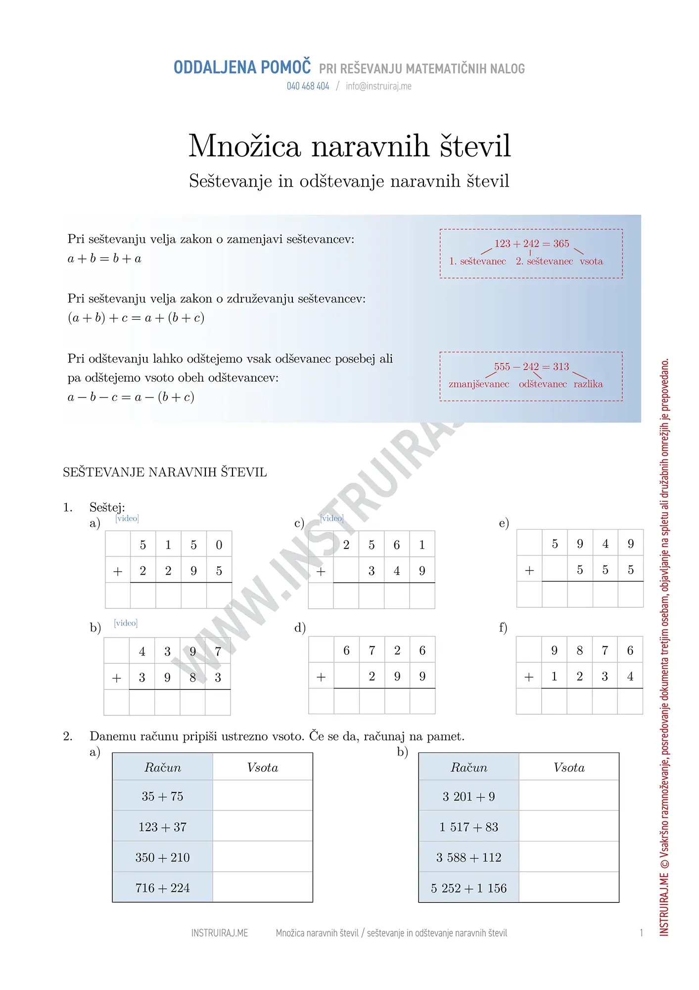 Množica naravnih števil: Seštevanje in odštevanje naravnih števil