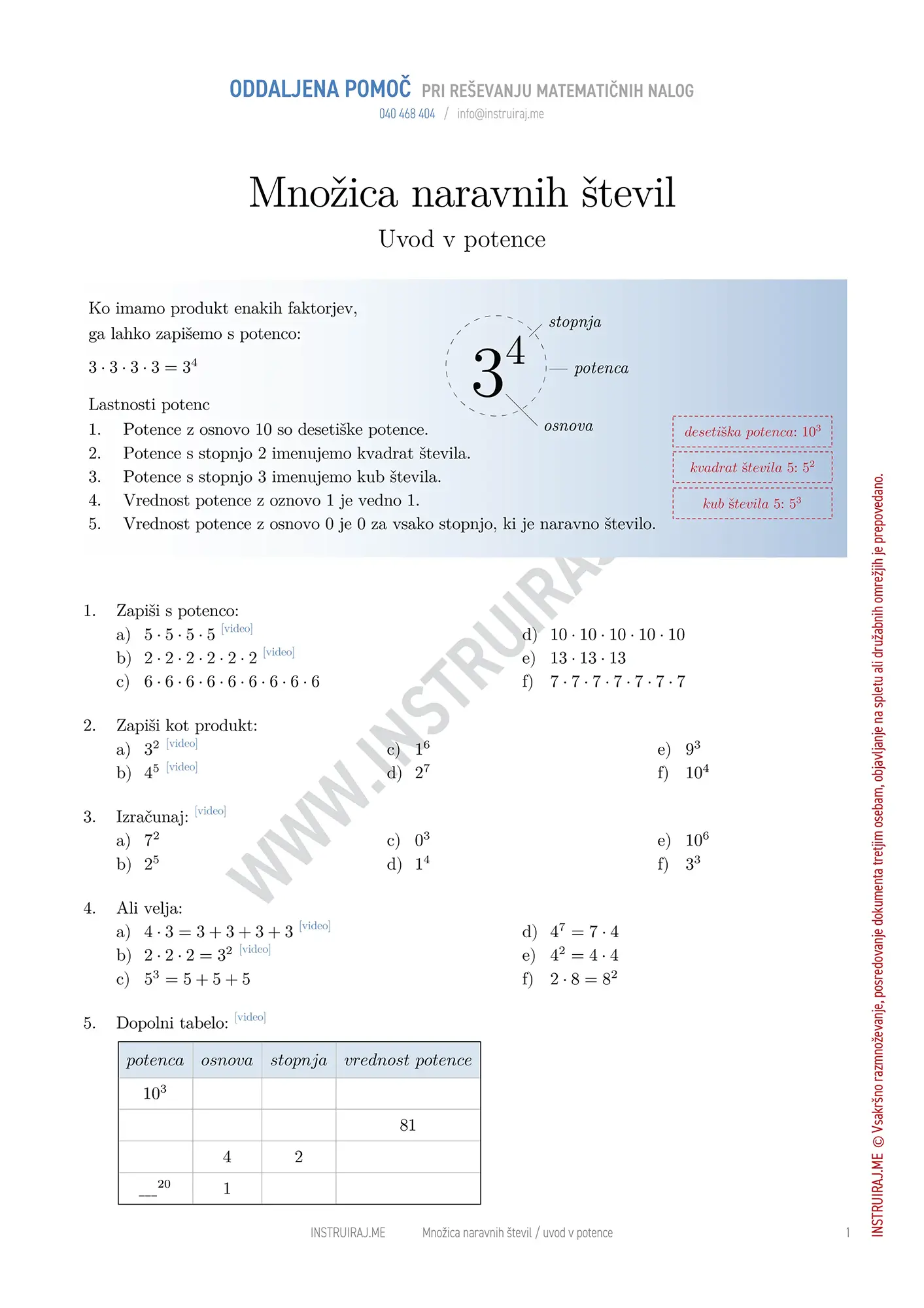 Množica naravnih števil: Uvod v potence