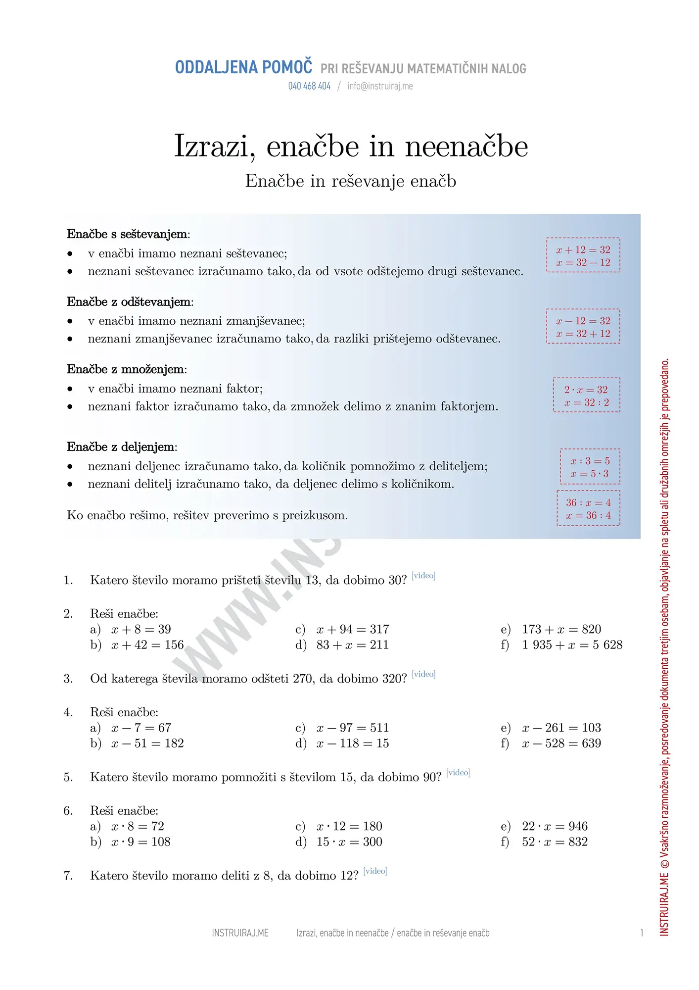Izrazi, enačbe in neenačbe: Enačbe in reševanje enačb