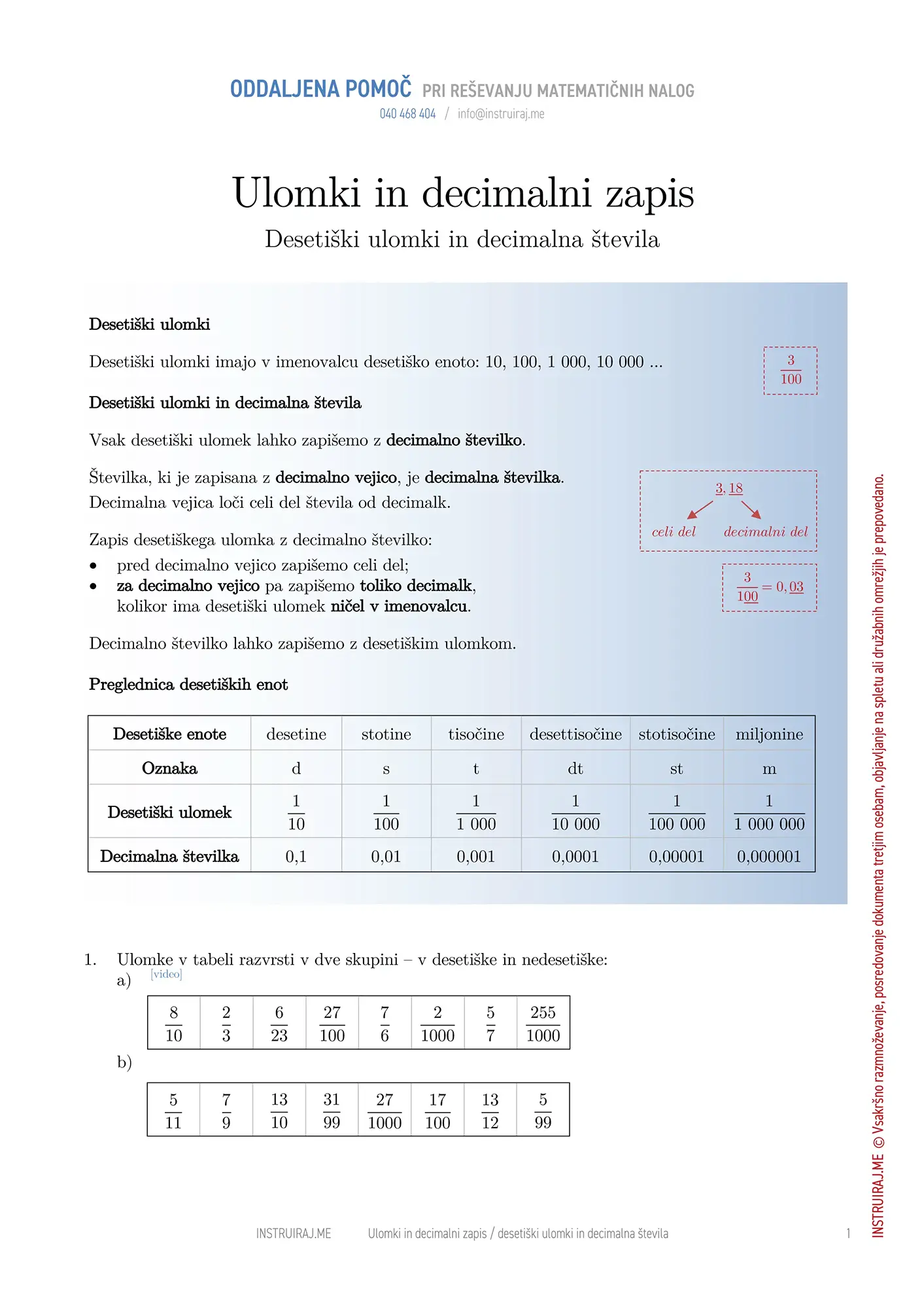Ulomki in decimalni zapis: Desetiški ulomki in decimalna števila