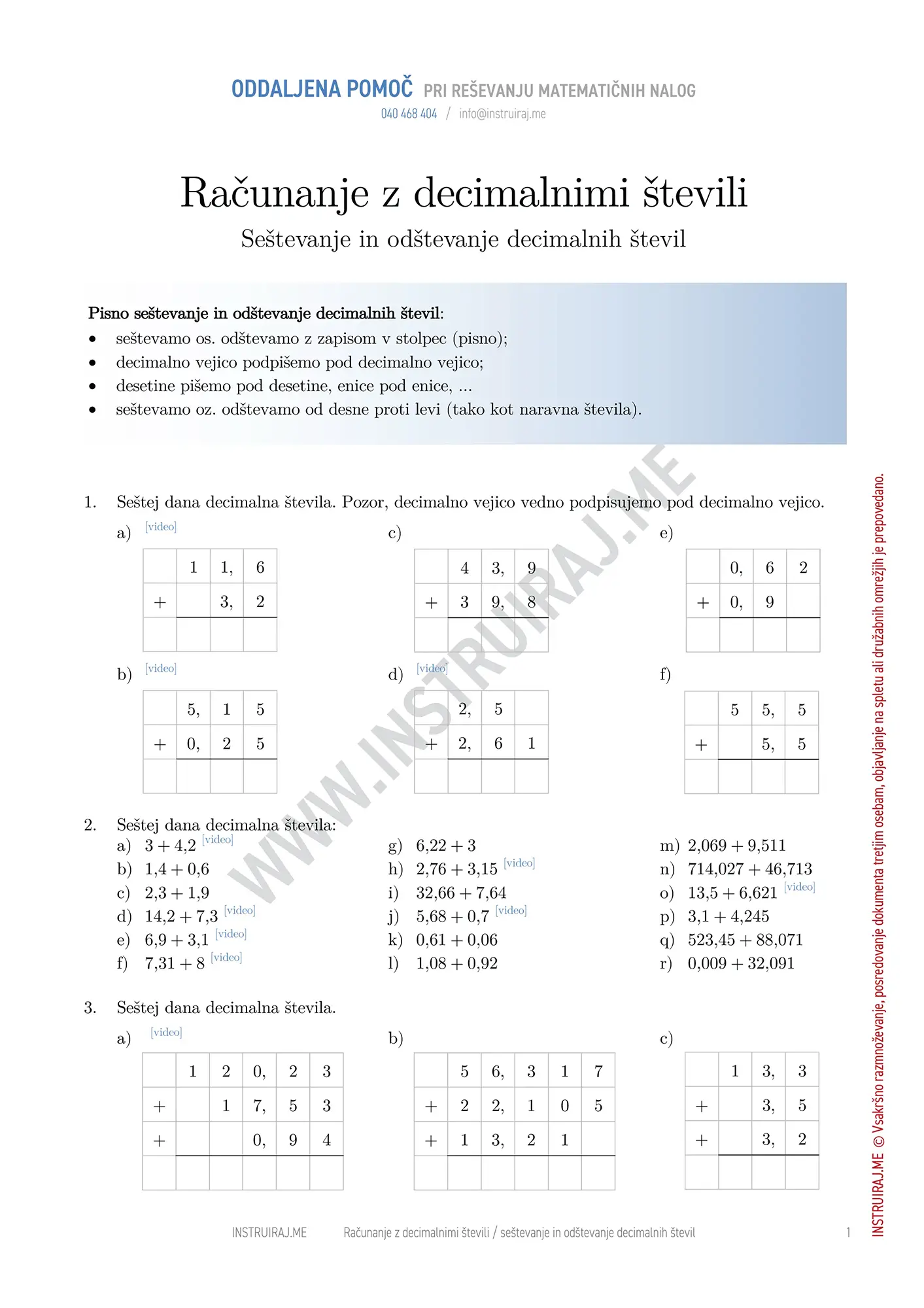 Računanje z decimalnimi števili: Seštevanje in odštevanje decimalnih števil