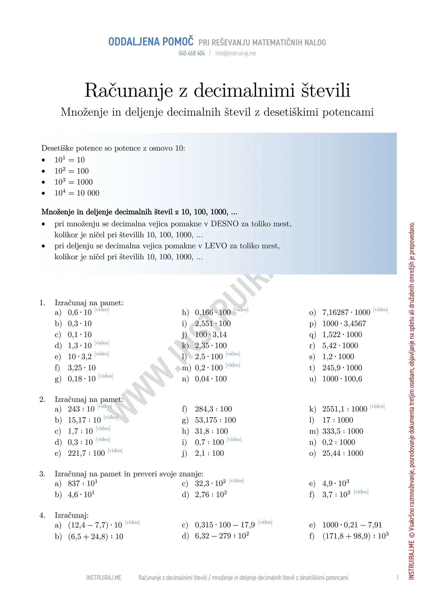 Računanje z decimalnimi števili: Množenje in deljenje decimalnih števil z desetiškimi potencami