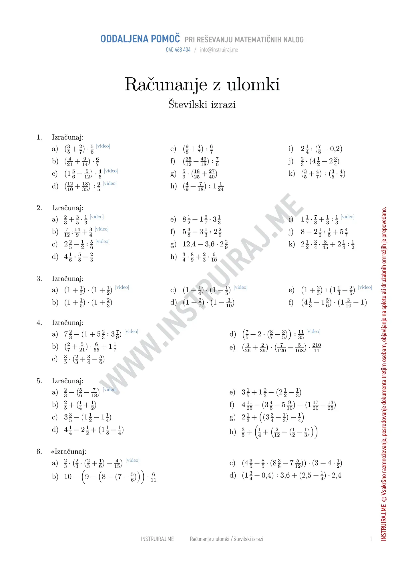 Računanje z ulomki: Številski izrazi