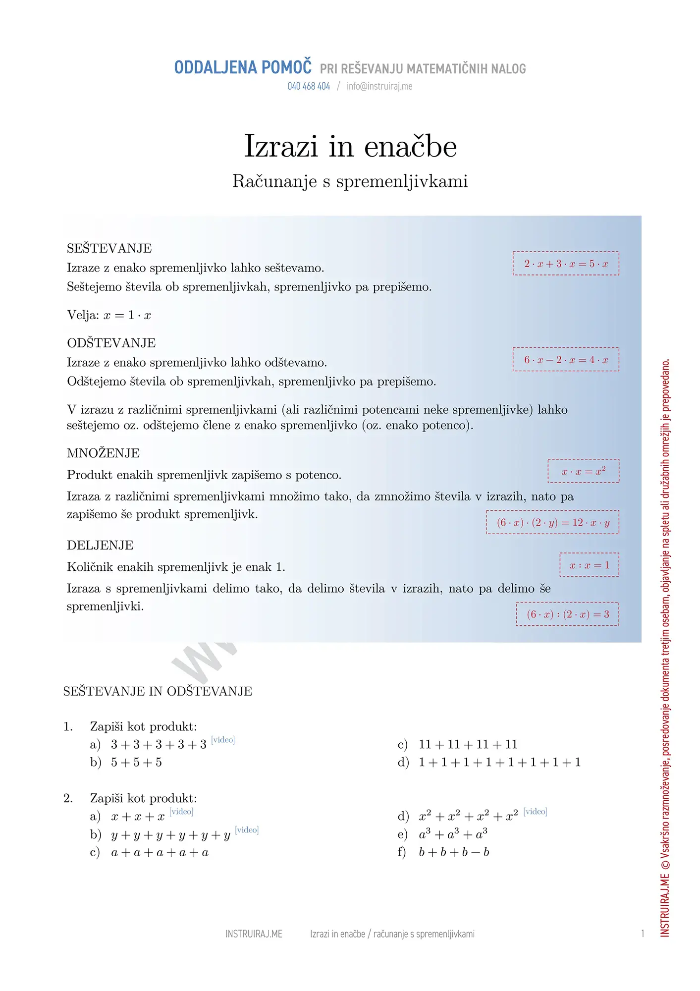 Izrazi in enačbe: Računanje s spremenljivkami