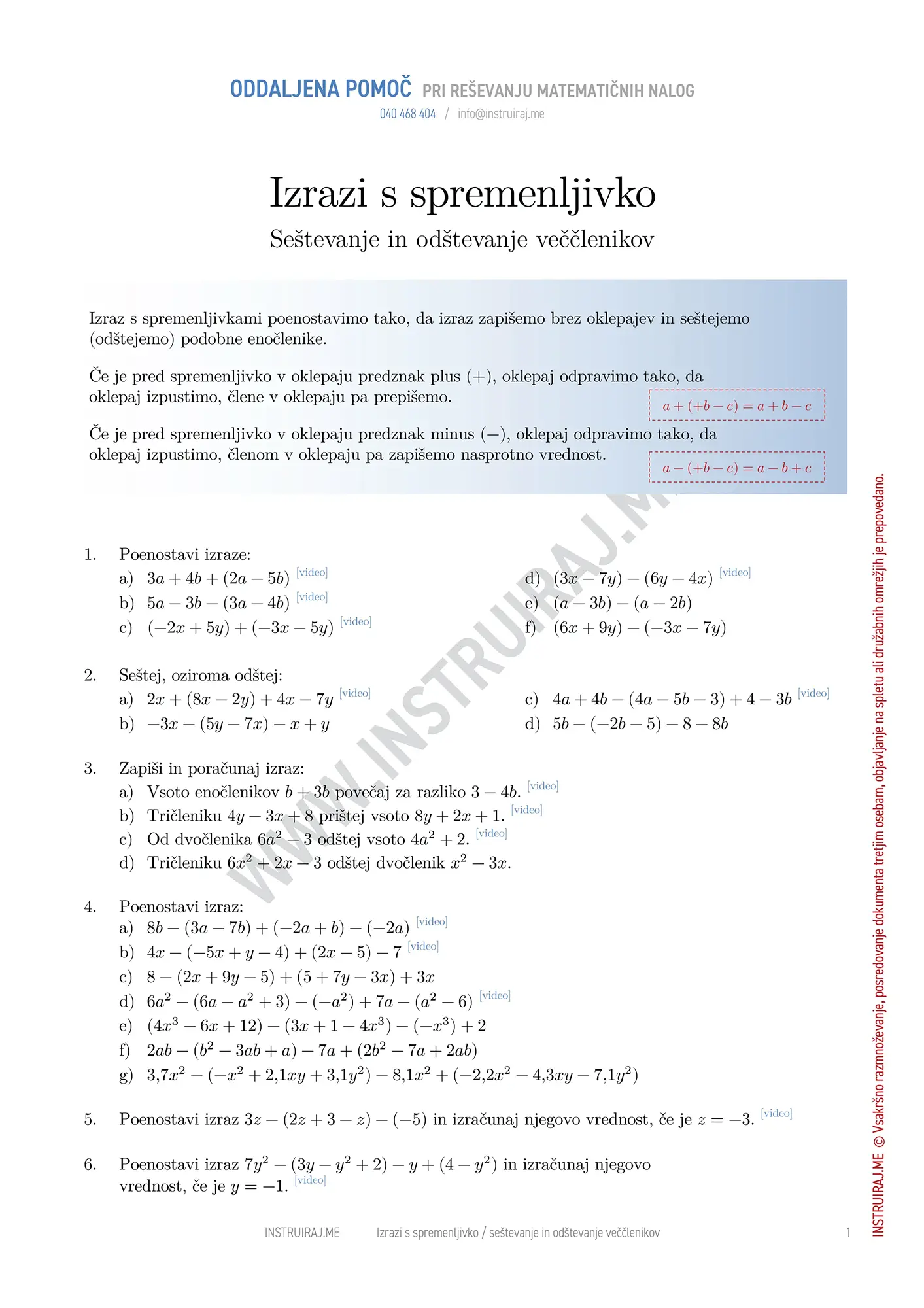 Izrazi s spremenljivko: Seštevanje in odštevanje veččlenikov