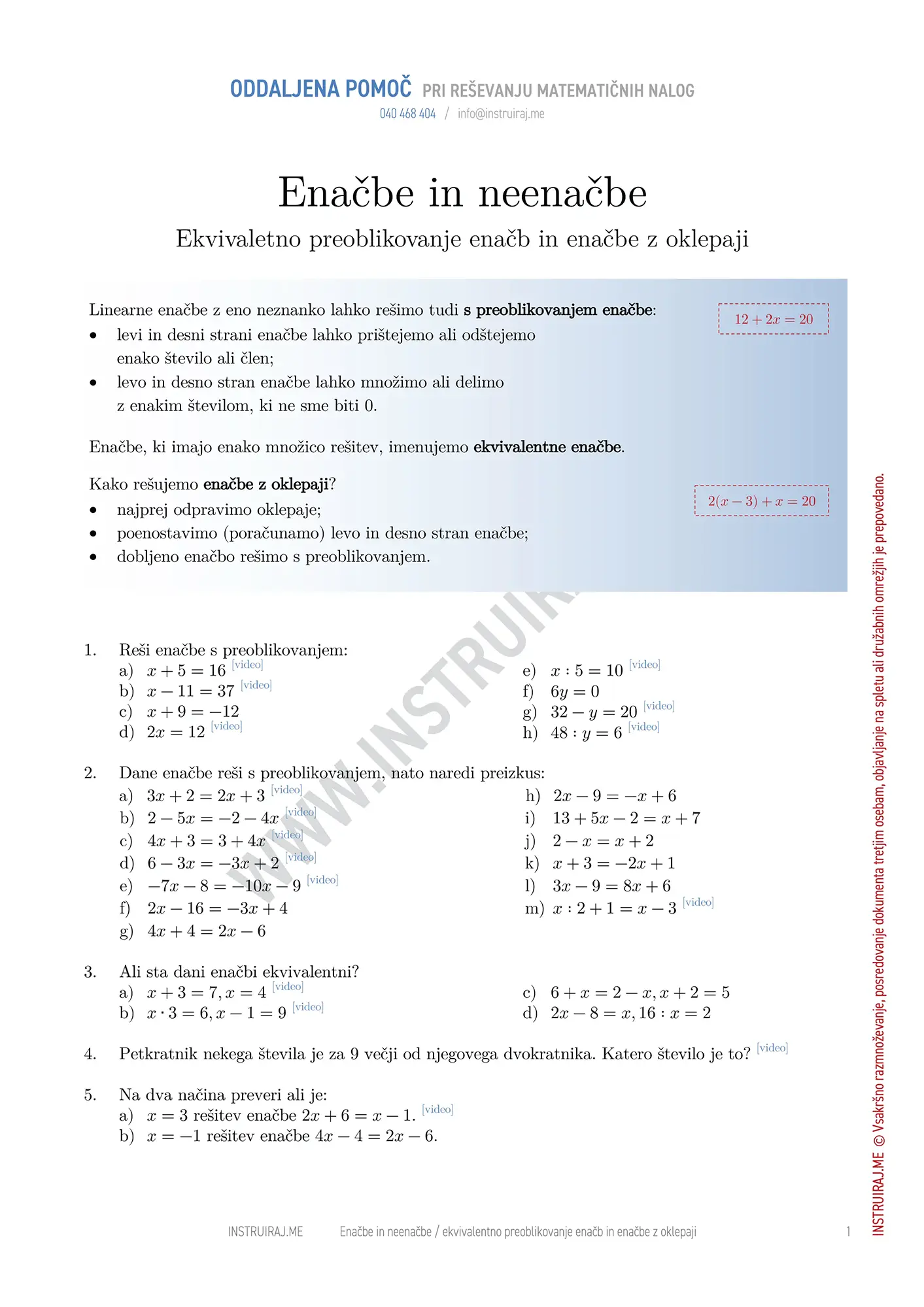 Enačbe in neenačbe: Ekvivalentno preoblikovanje enačb in enačbe z oklepaji