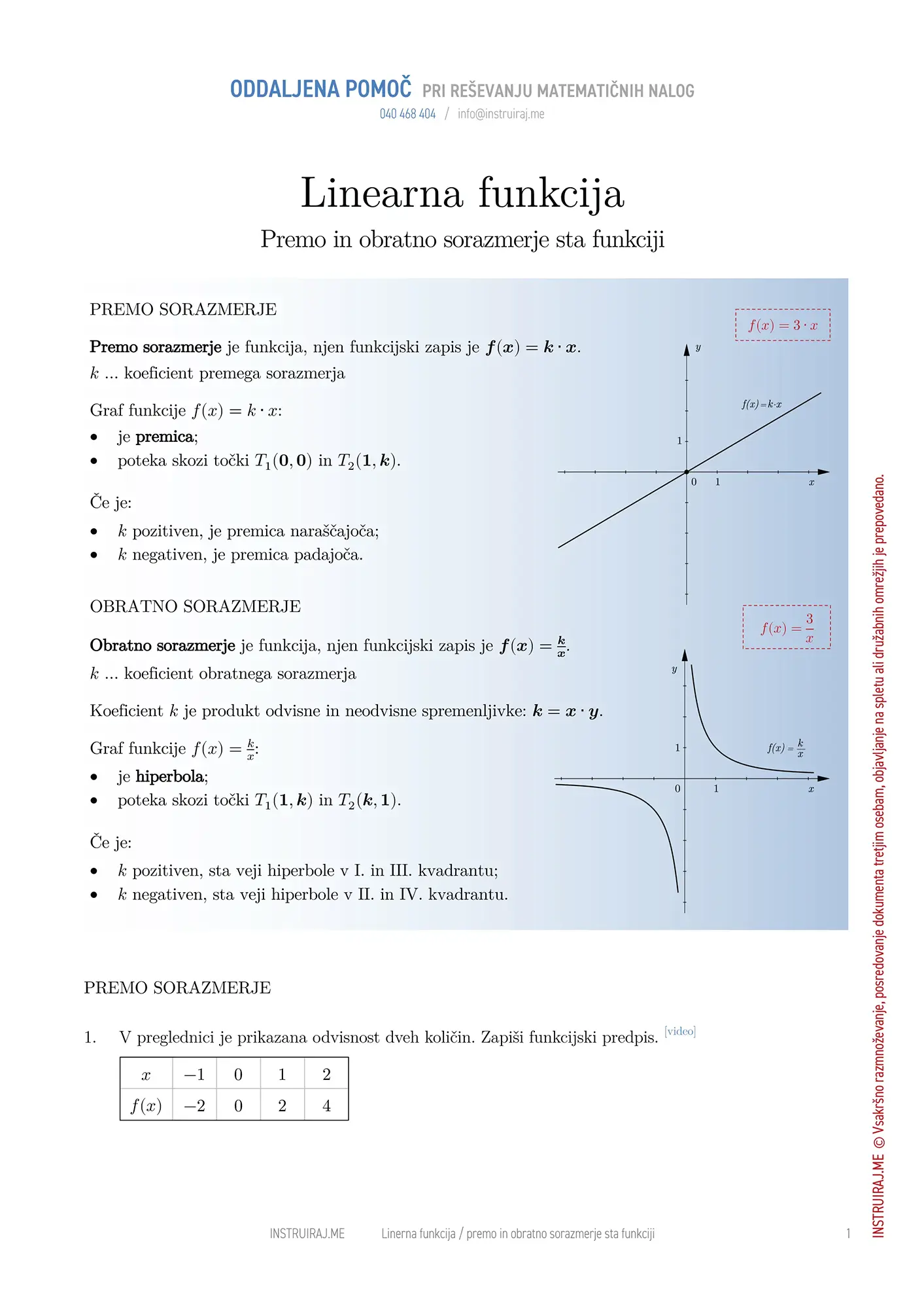 Linearna funkcija: Premo in obratno sorazmerje sta funkciji