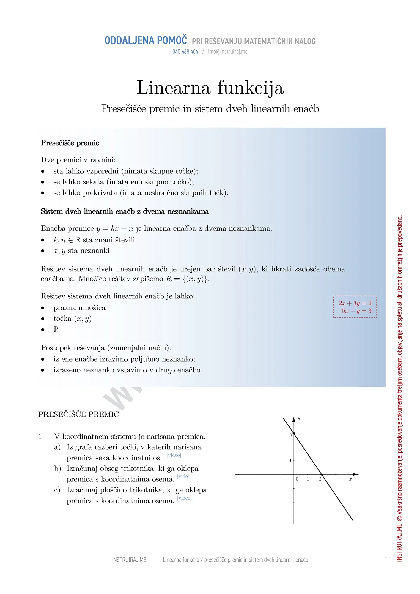 Linearna funkcija: Presečišče premic in sistem dveh linearnih enačb