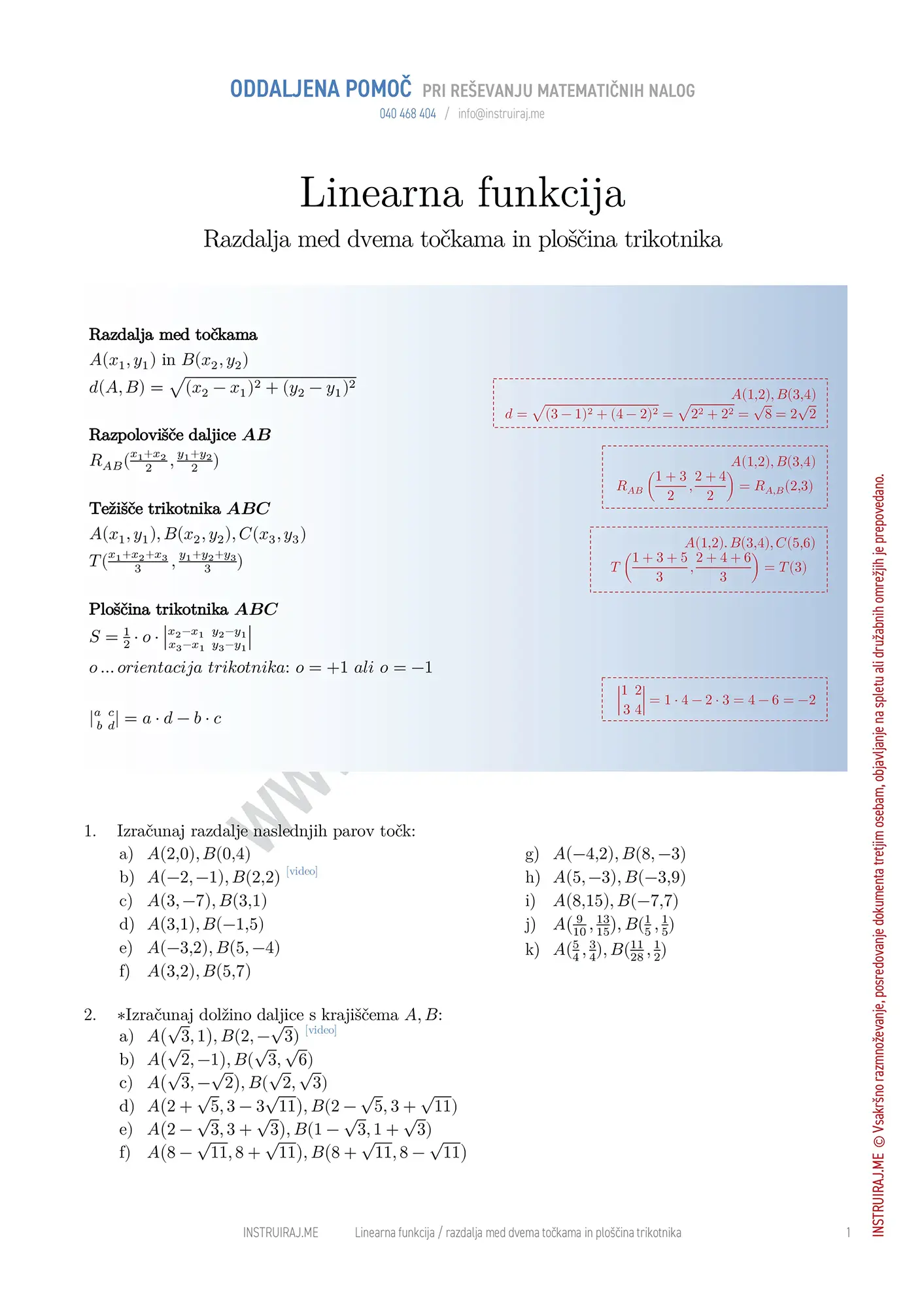Razdalja med dvema točkama v ravnini in ploščina trikotnika