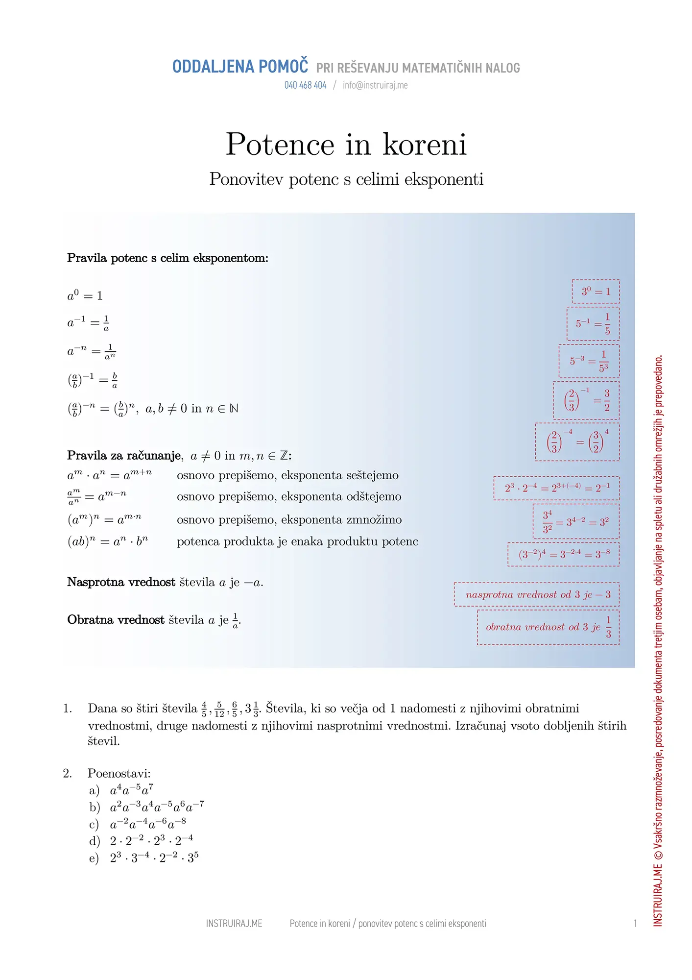 Ponovitev potenc s celimi eksponenti