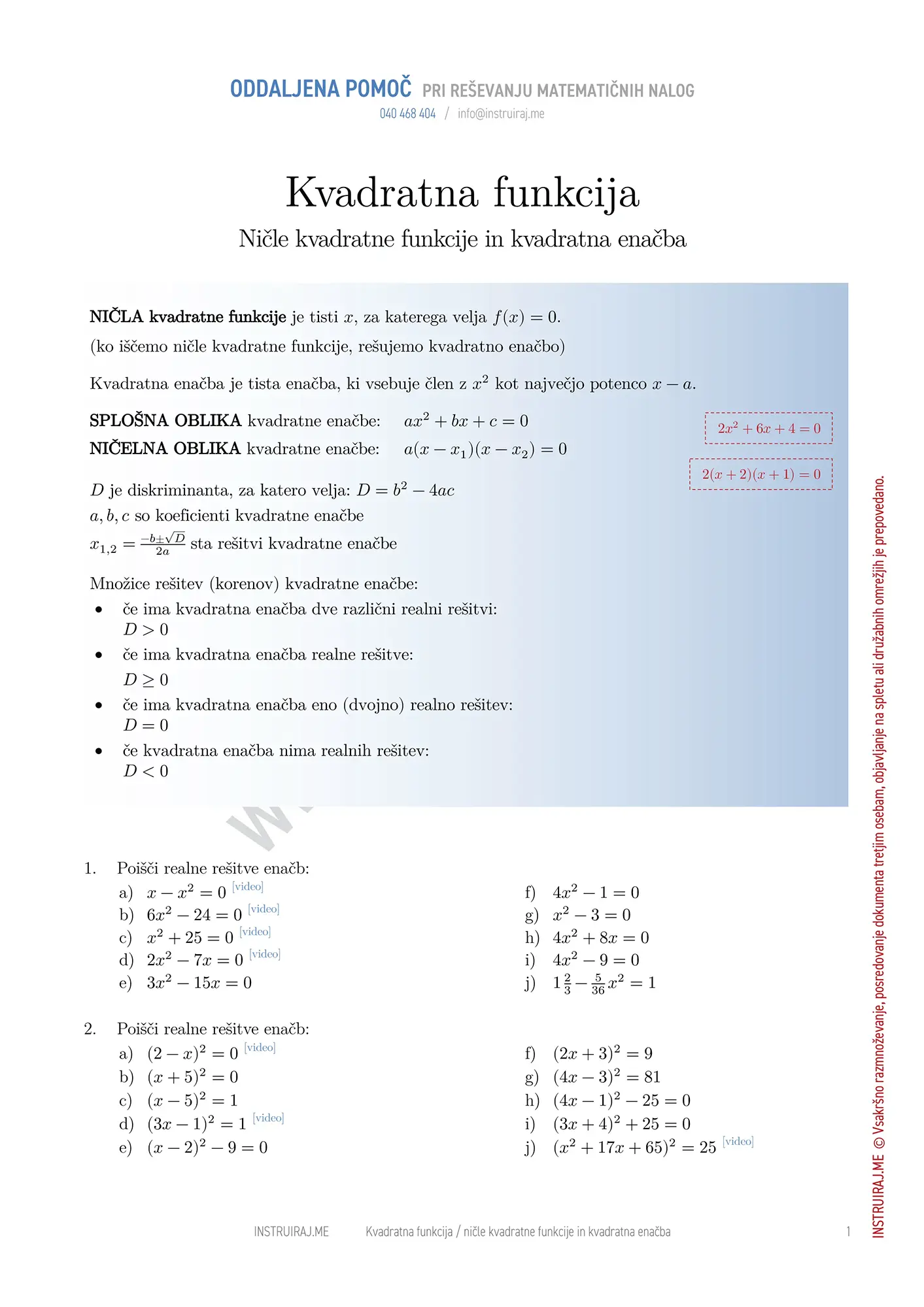 Ničle kvadratne funkcije in kvadratna enačba