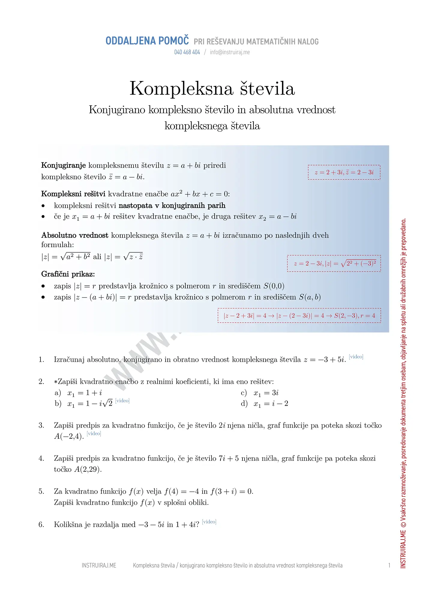 Konjugirano kompleksno število in absolutna vrednost kompleksnega števila