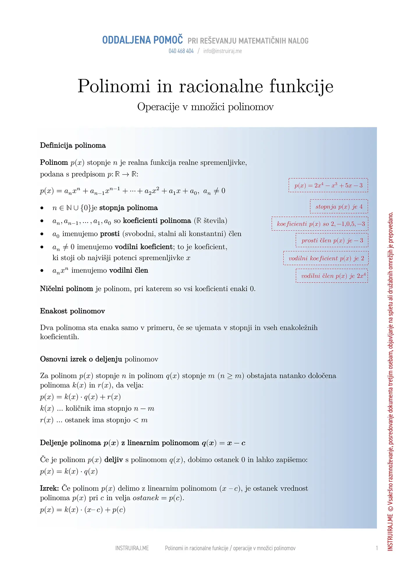 Operacije v množici polinomov